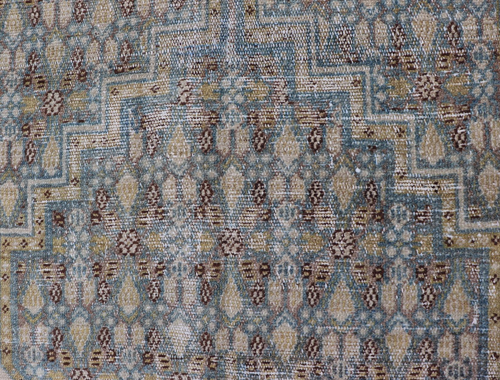 Persian Malayer Runner with Sub Geometric Medallions in Light Blue Field  For Sale 1