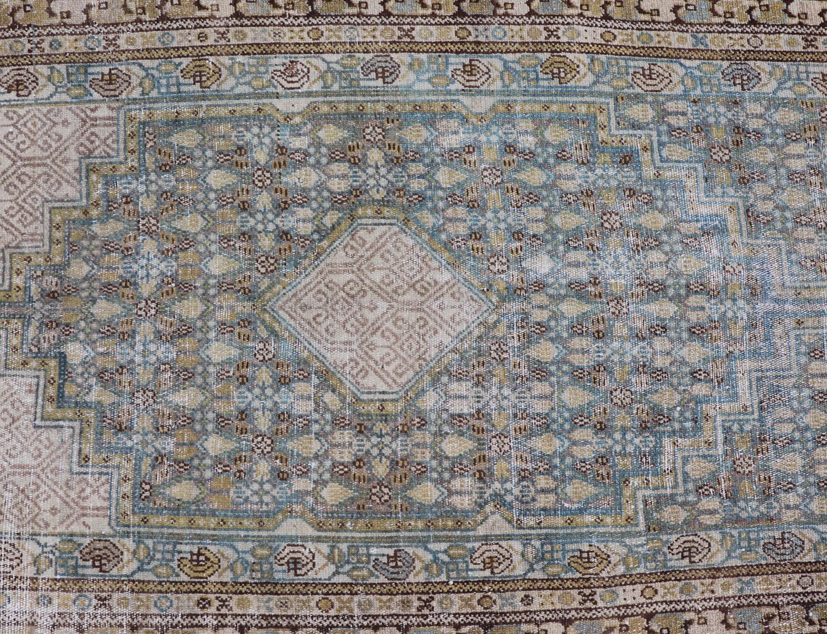 Persian Malayer Runner with Sub Geometric Medallions in Light Blue Field  For Sale 2