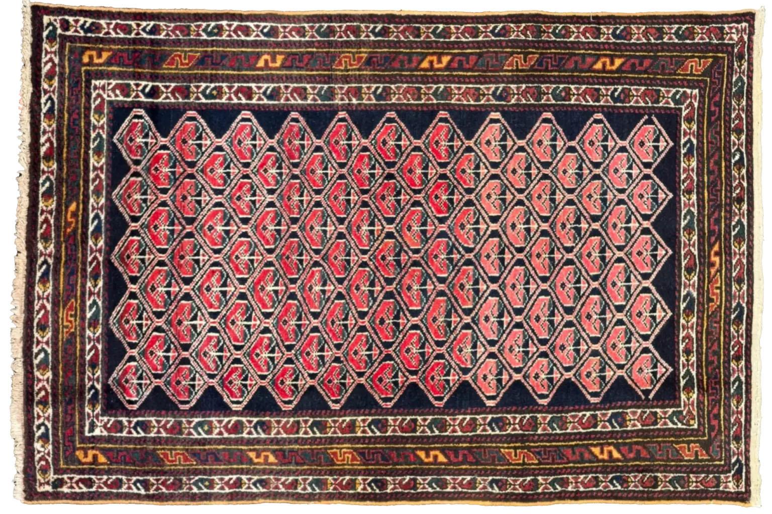 Hand-Woven Antique Persian Small Rug Circa 1910 - Black Pink Yellow - Malayer Design For Sale
