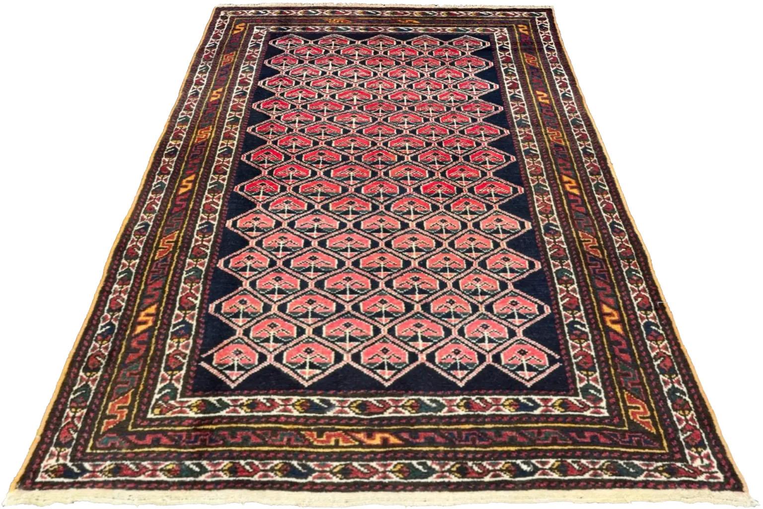 Antique Persian Small Rug Circa 1910 - Black Pink Yellow - Malayer Design In Excellent Condition For Sale In Dallas, TX