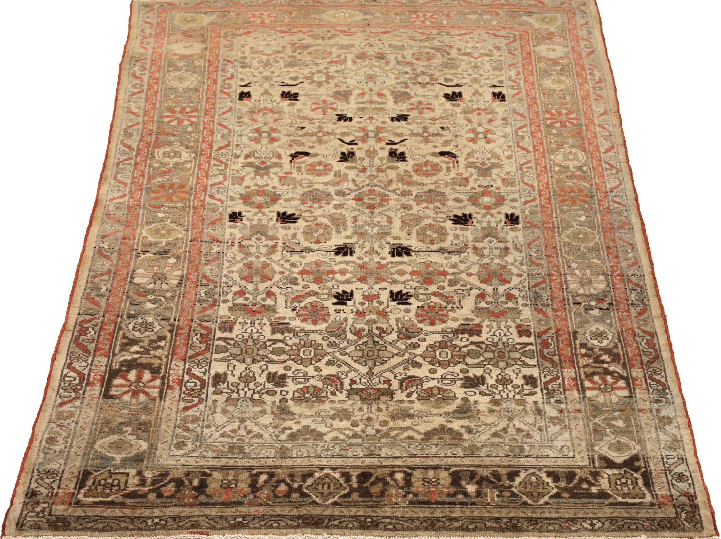 Entdecken Sie die Eleganz des persischen Malayers mit dem kleinen Teppich von CIRCA 1910. Dieses exklusive Design aus Wolle und Elfenbeinrot ist perfekt, um Ihren Raum zu verschönern.