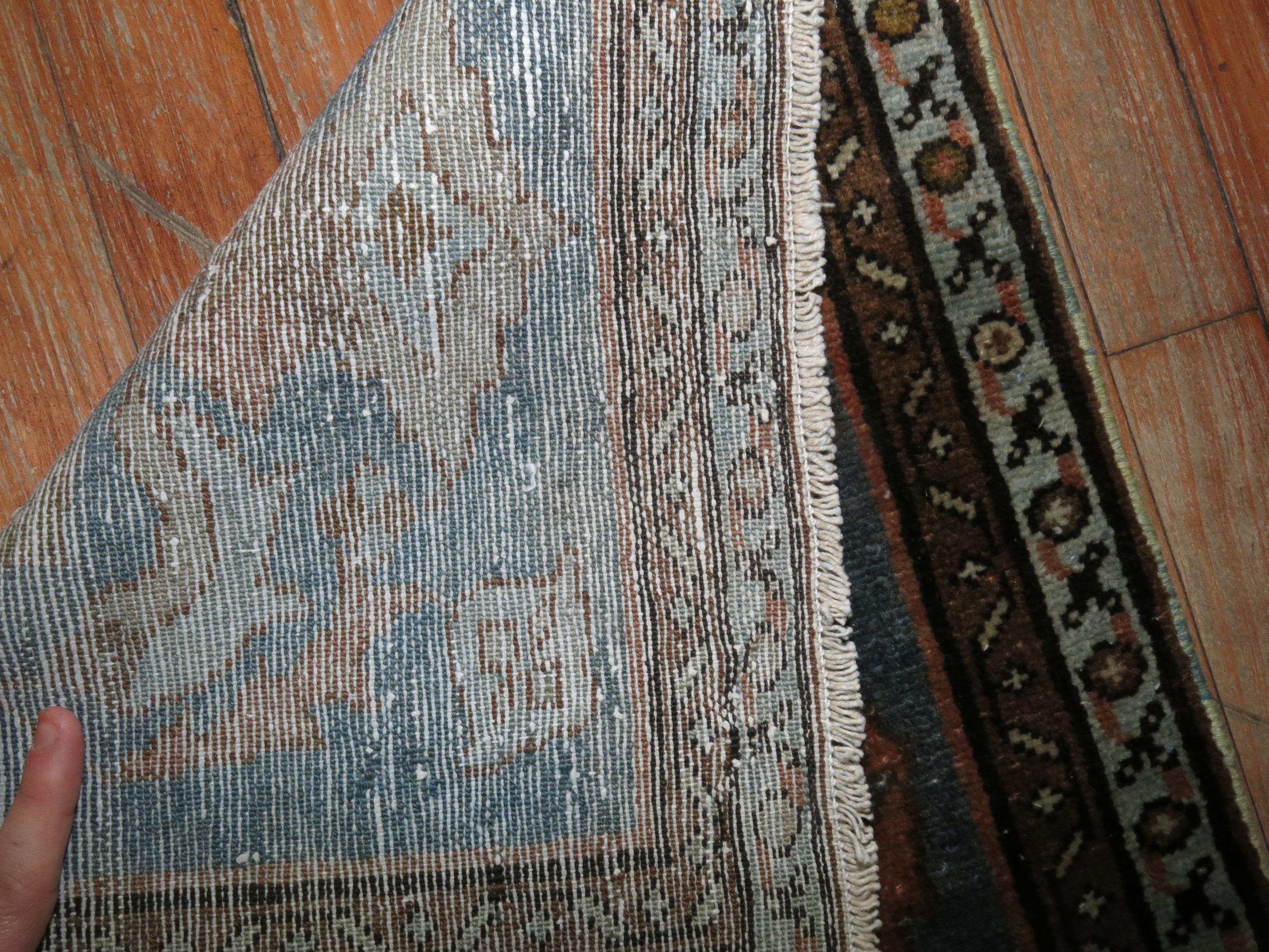 Persian Malayer Square Green Brown Orange Mat In Good Condition For Sale In New York, NY