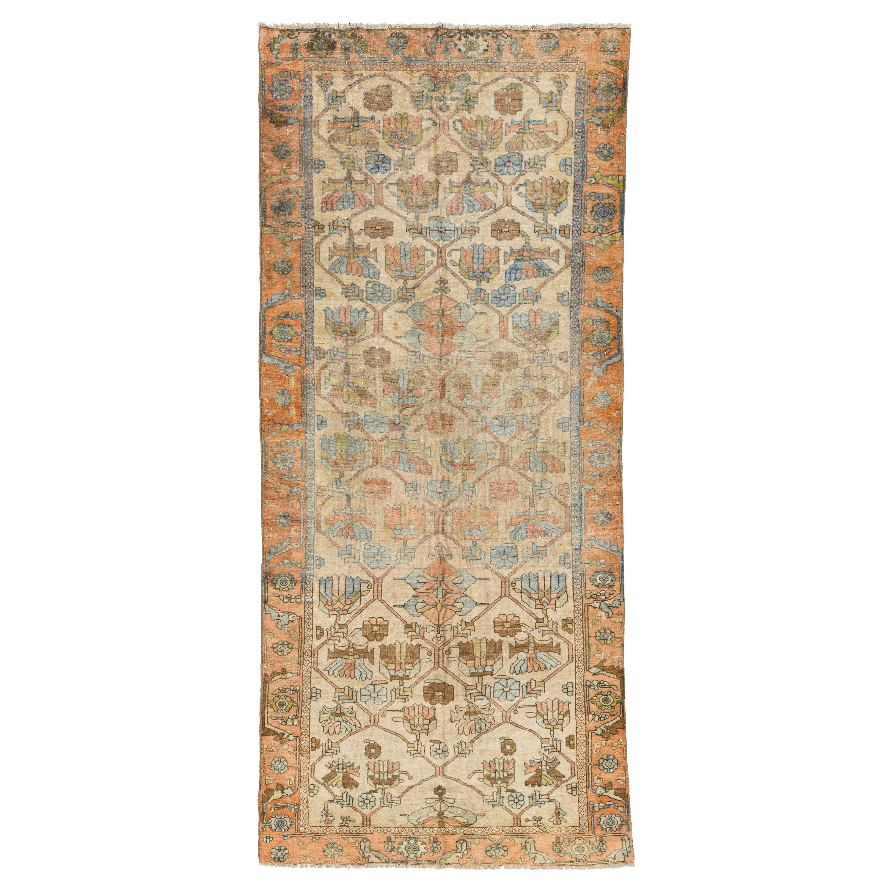 Tappeto persiano in lana Malayer Tan del 1910 con motivo geometrico