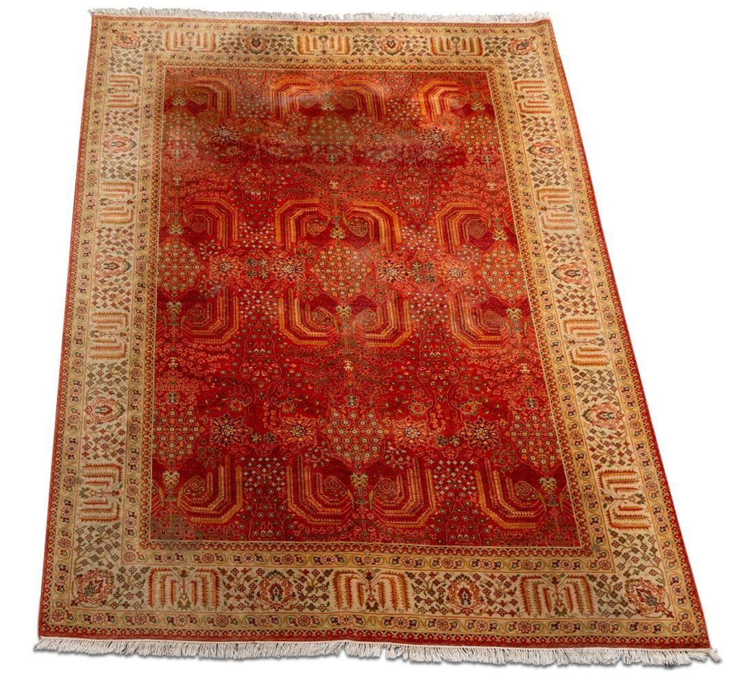 Persian Mamluk Style Carpet, rust colored center with fine details, beige border. 9' L x 6' W. Provenance: From a New York City Collection. 