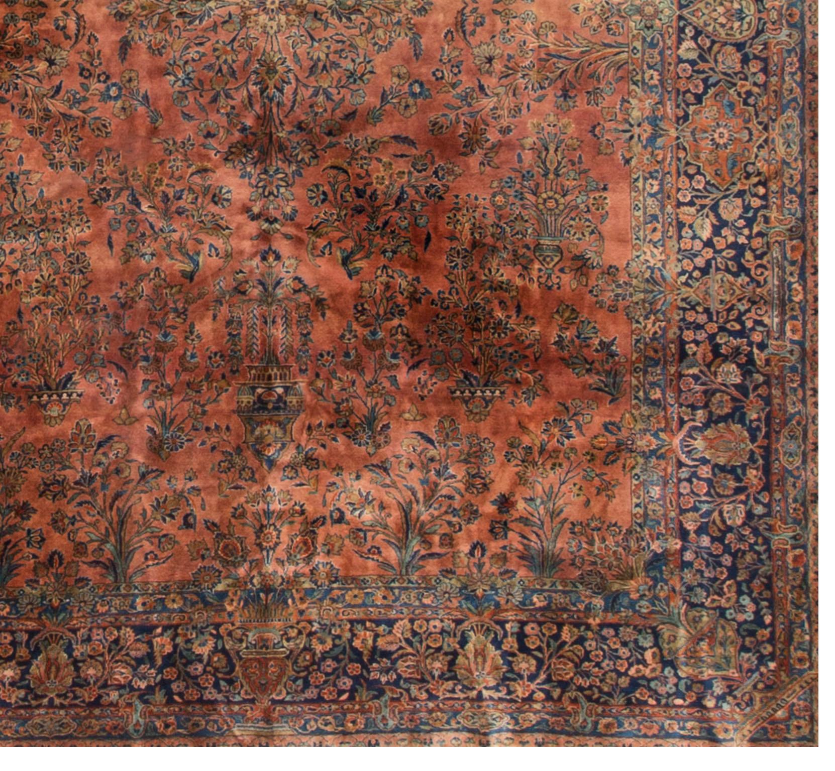 Persian Manchester Kashan rug carpet, circa 1900, measures: 8'8 x 11'10. Situated on the caravan route to India in central Persia is the town of Kashan famed as one of the top-quality rug production areas. They have been producing and exporting