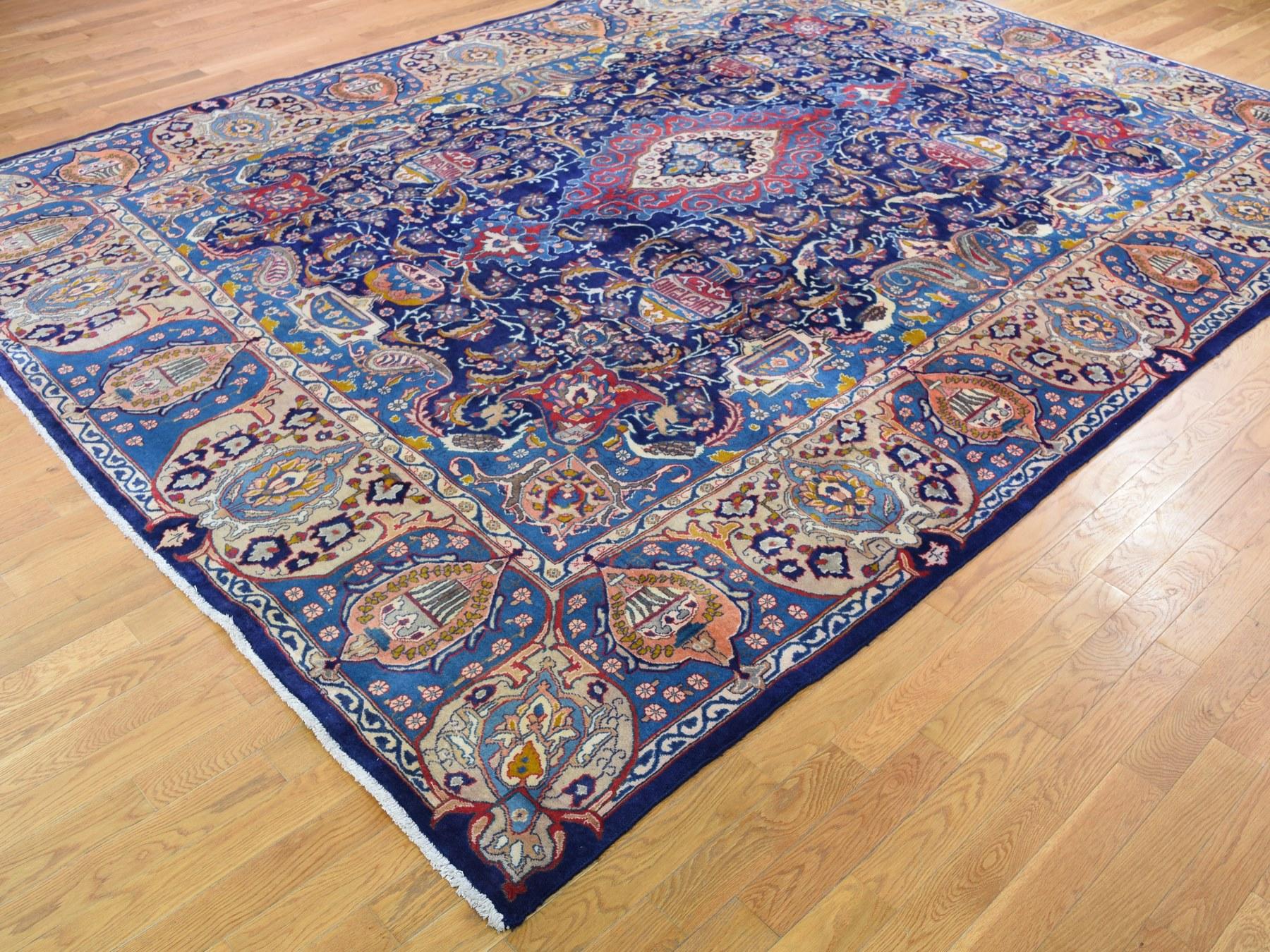 Hand-Knotted Persian Mashad Architectural Grails Full Pile Hand Knotted Oriental Rug