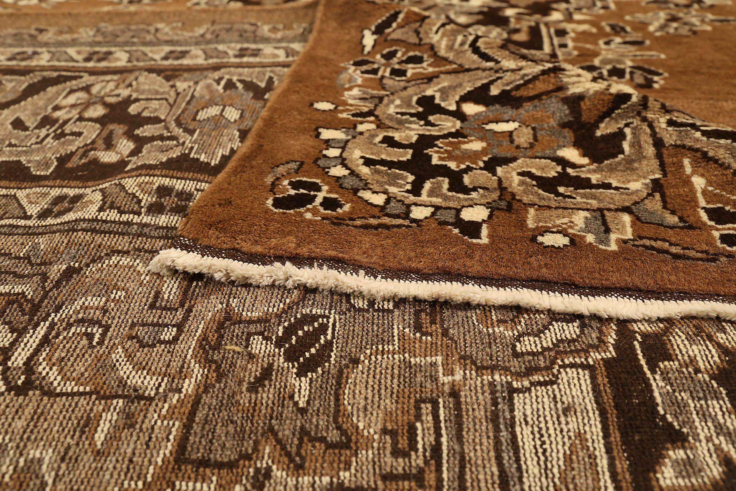 Tapis persan Mashad - Laine Brown Ivoire 72204 Excellent état - En vente à Dallas, TX