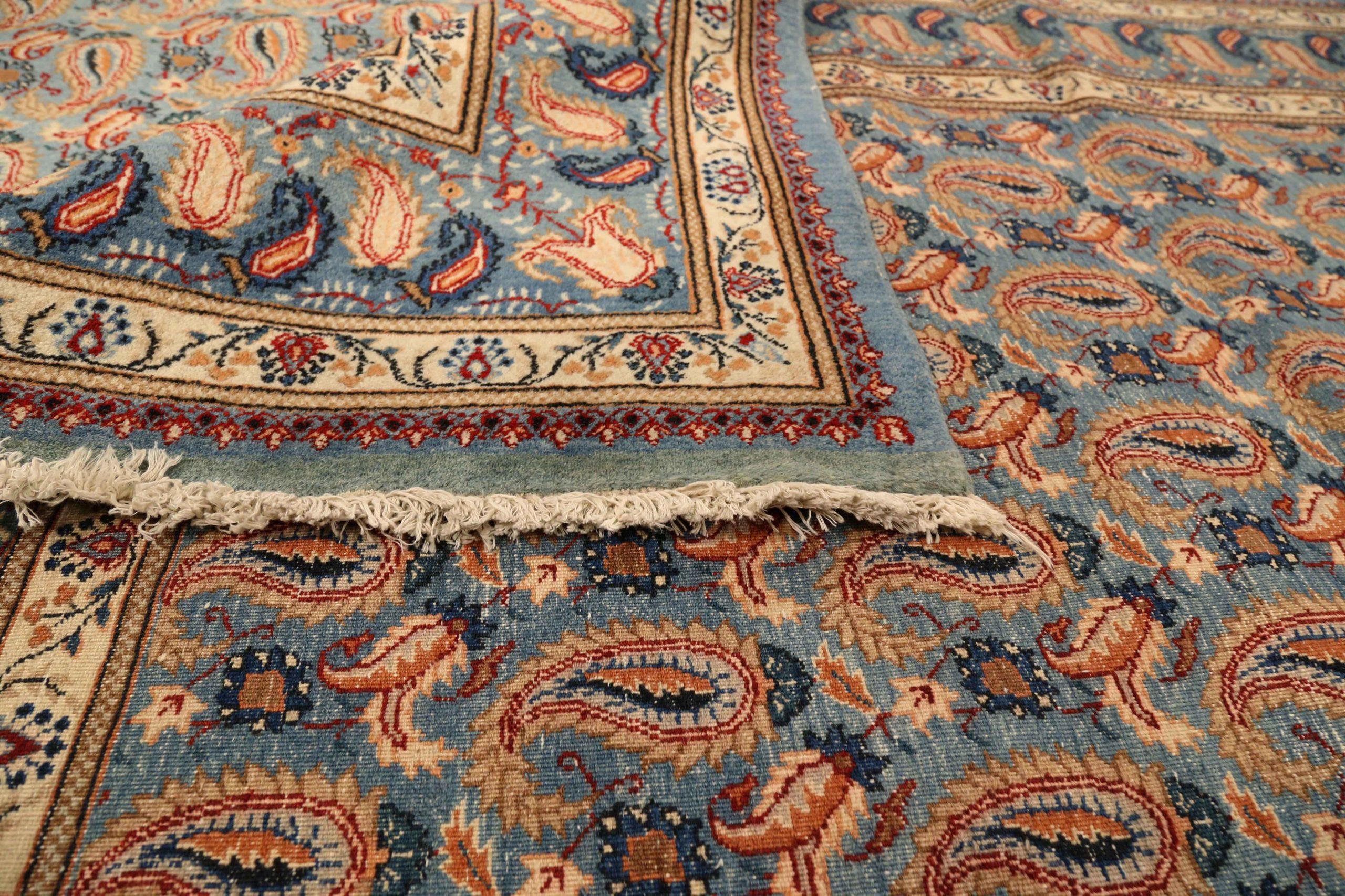 Alfombras Persas Mashad Circa 1910 - Lana Marfil Azul Marino Diseño Rojo - 75317 en Excelente estado para la venta en Dallas, TX