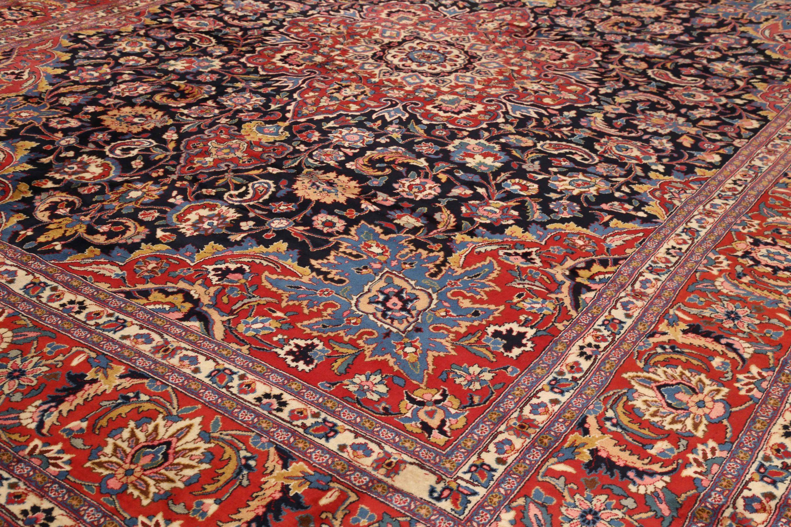 Alfombras Persas Mashad Circa 1910 - Lana Azul Marino Diseño Rojo - 75324 Asiático en venta
