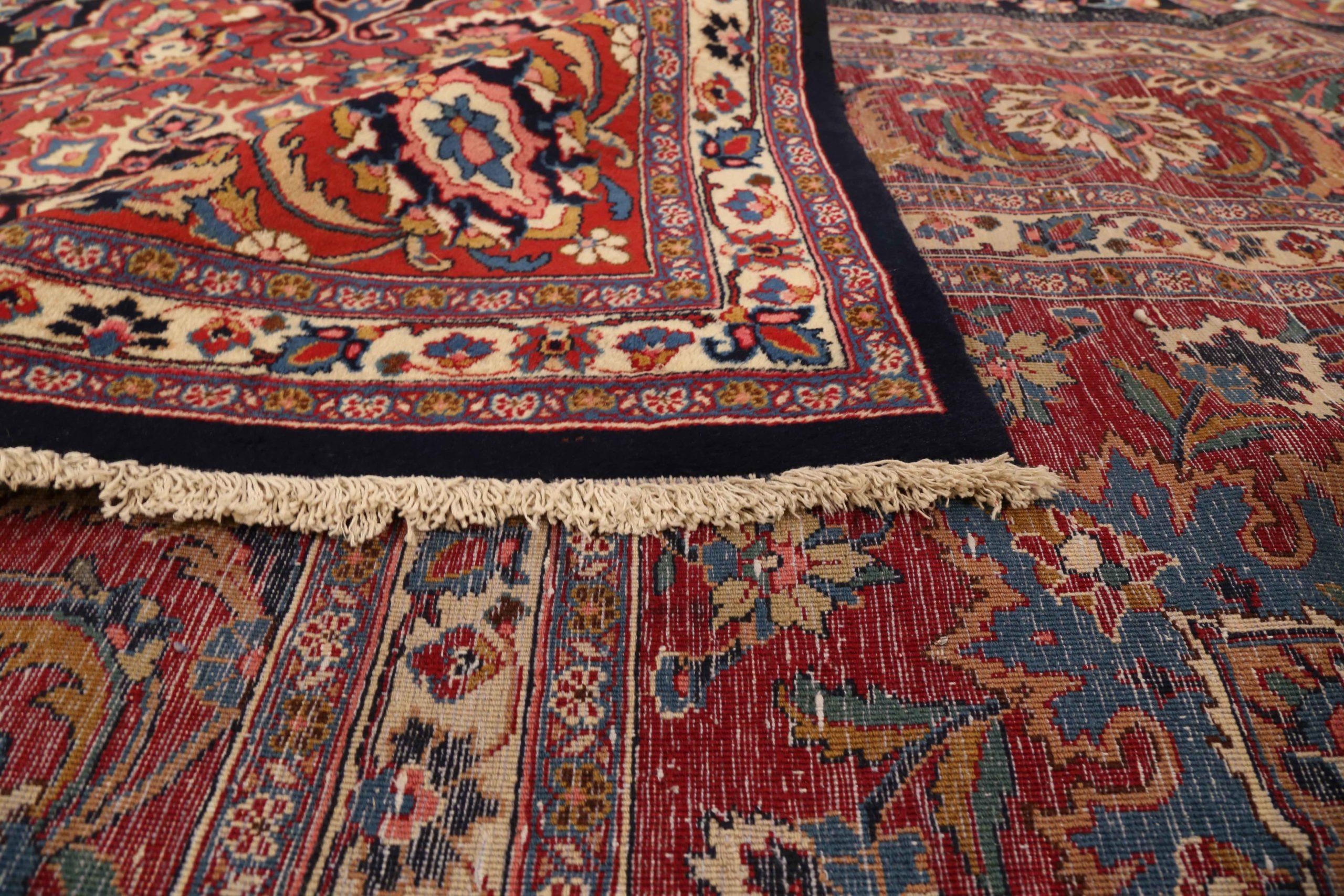 Alfombras Persas Mashad Circa 1910 - Lana Azul Marino Diseño Rojo - 75324 en Excelente estado para la venta en Dallas, TX