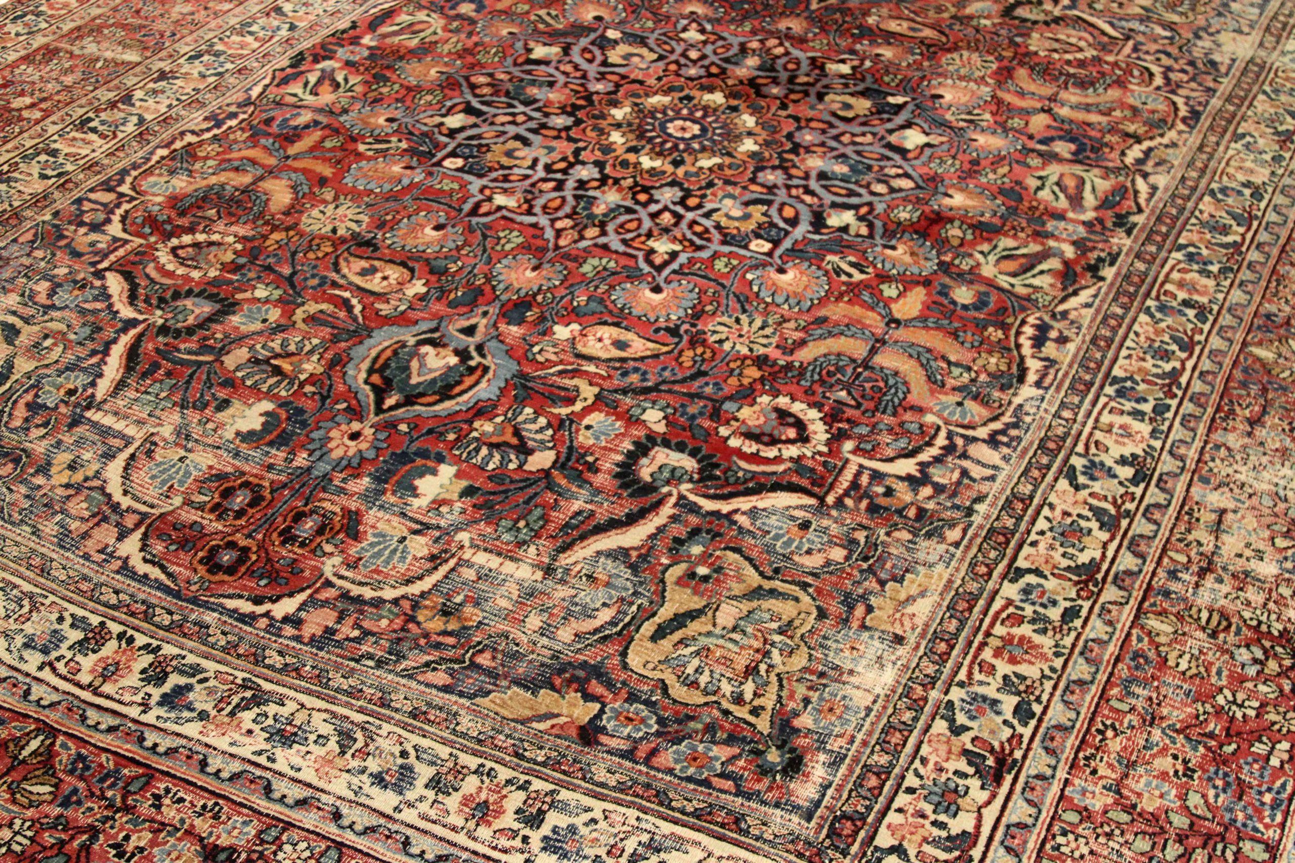 Persische Mashad-Teppiche - Wolle Blau Elfenbein Rot Design - 76009 (Irakisch) im Angebot