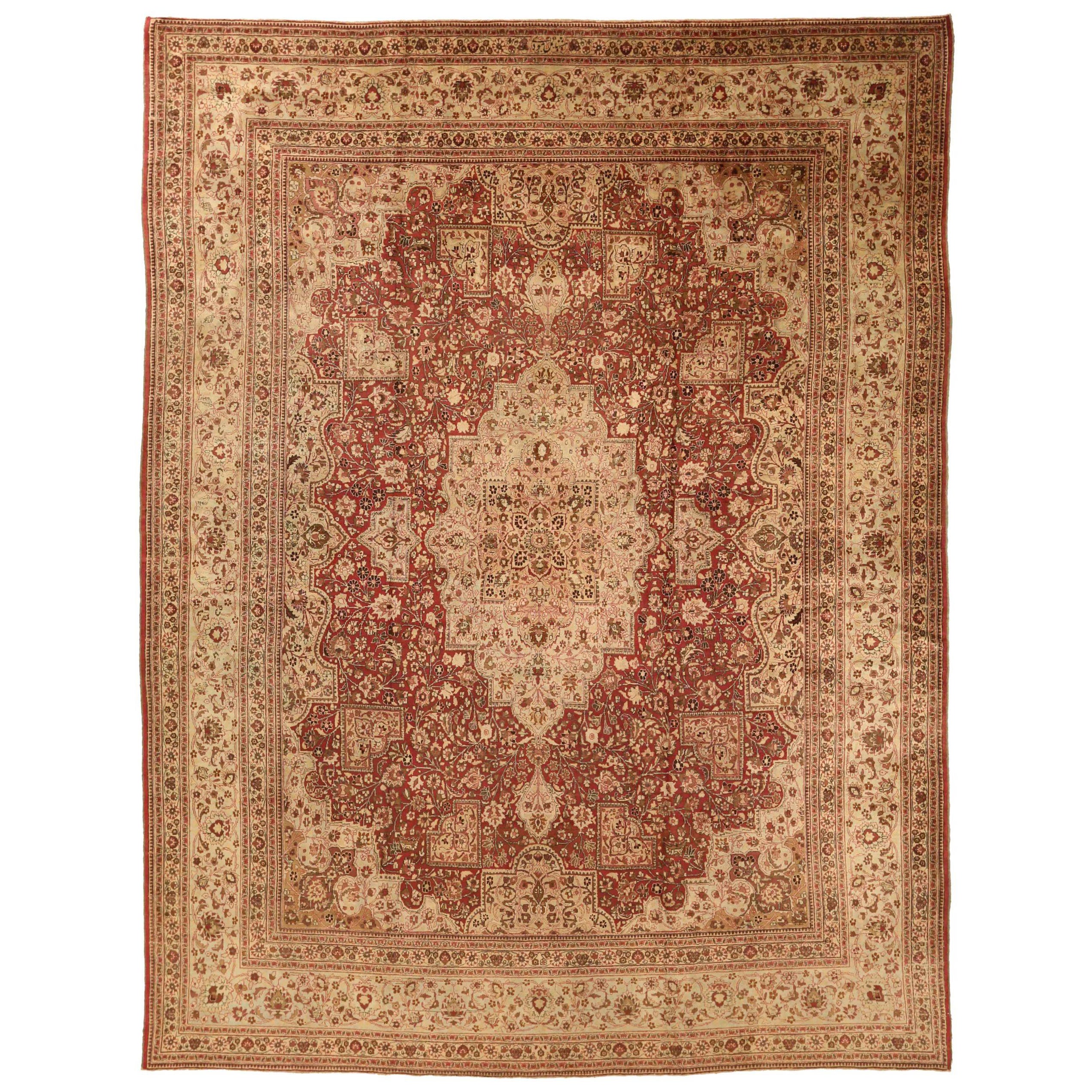Tapis persans Mashad - Laine ivoire rouge motif - 76017