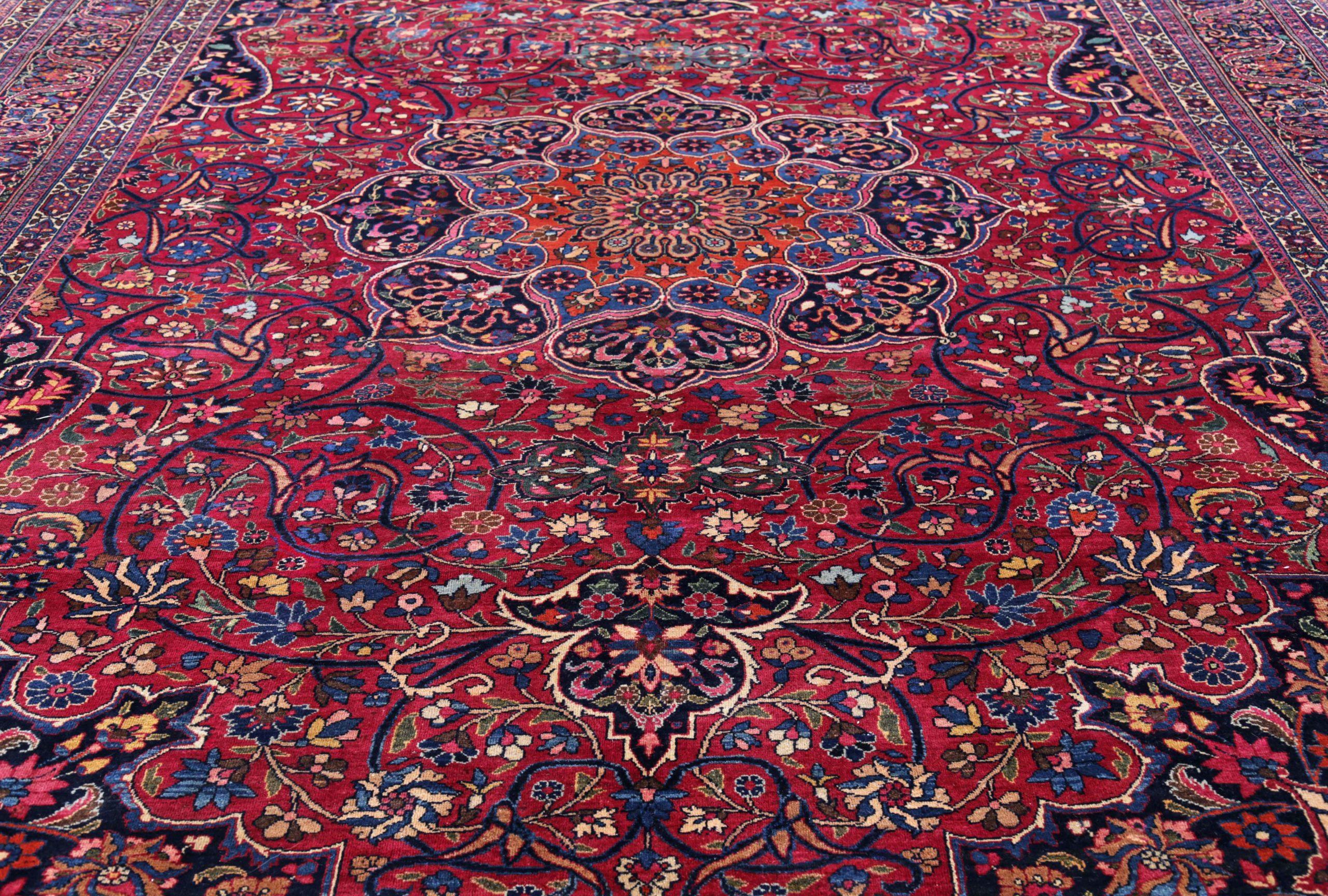 Asiatico Tappeto persiano Mashad Over Size, circa 1910 - Lana Blu Navy Blue Red Design - 91504 in vendita