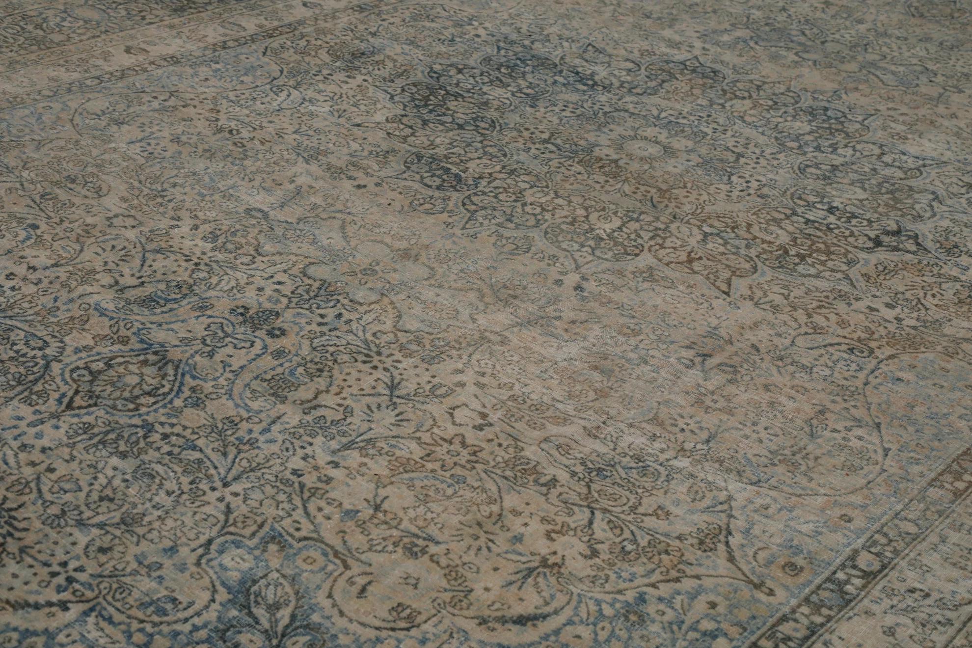 Persischer Mashad Over Size Teppich - Wolle Blau Braun Elfenbein Design - 99416 (Irakisch) im Angebot