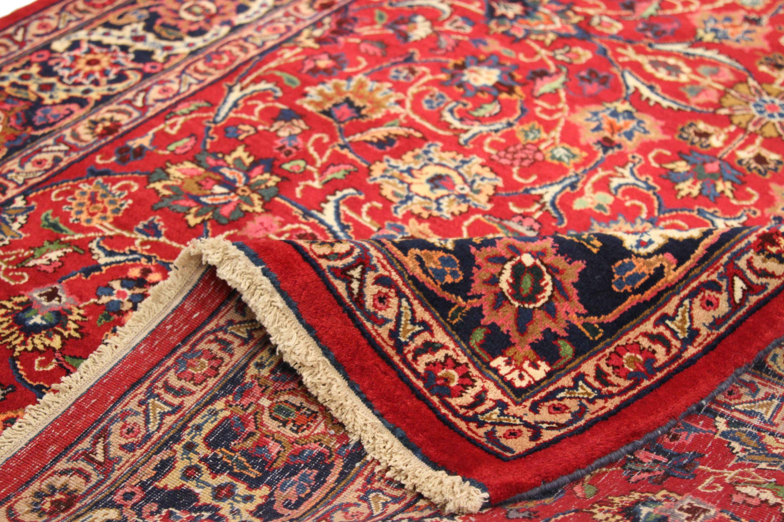Persischer Mashad Kleiner Teppich CIRCA 1910 - Wolle Elfenbein Marineblau Rot Gelb 74096 (Asiatisch) im Angebot