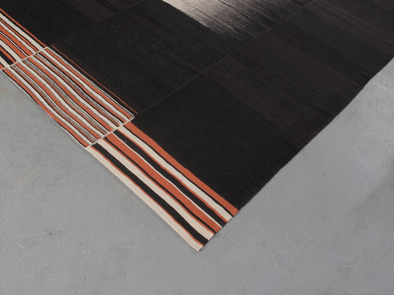 Hand-Woven Persian Mazandaran Handwoven Flatweave Black, Beige and Orange  Rug For Sale