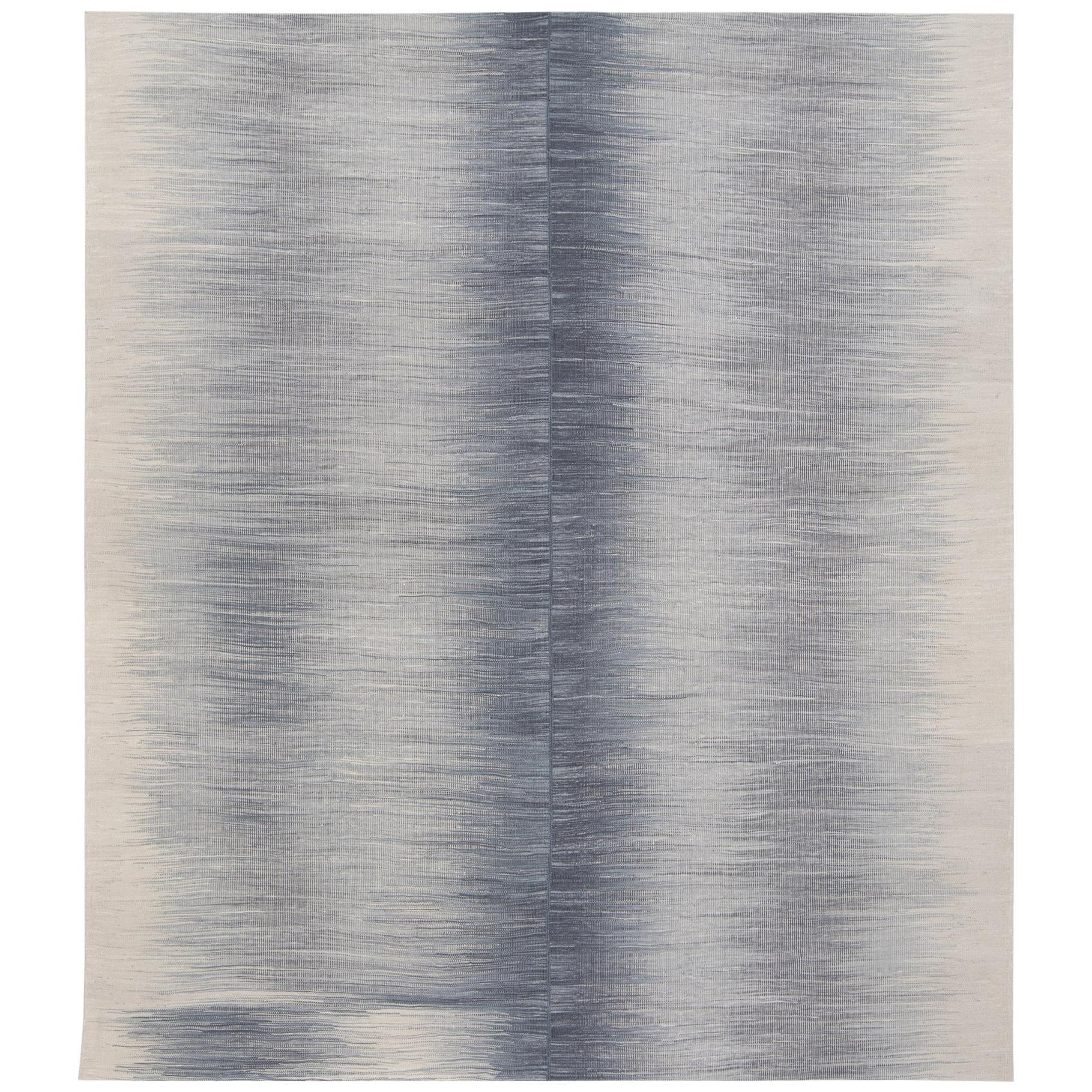 Mazandaran Handwoven Flat-Weave Rug in Blue Grey For Sale