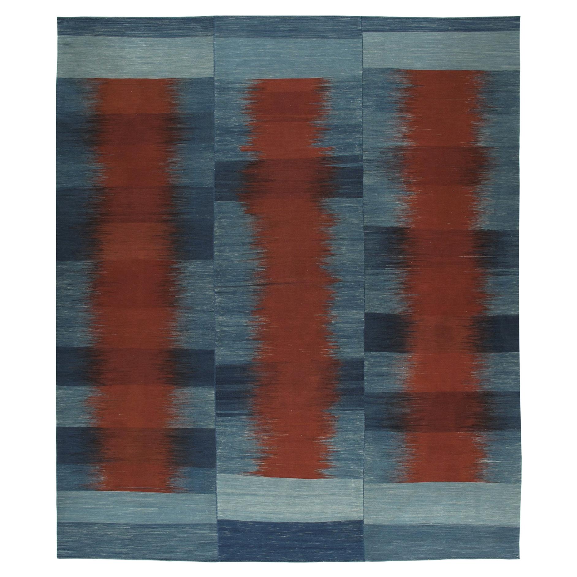 Persian Mazandaran Handwoven Flatweave Rug in Blue and Rust Color For Sale
