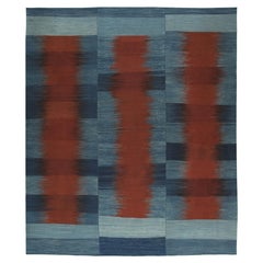 Persian Mazandaran Handwoven Flatweave Rug in Blue and Rust Color