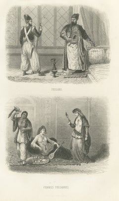 Persian Men and Women in Traditional Dress, Antique Steel Engraving, 1859