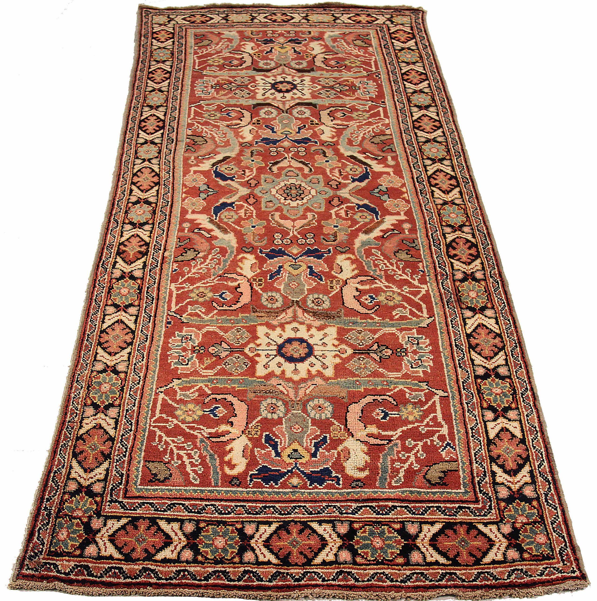 Entdecken Sie die Eleganz des persischen Meshkabad mit kleinem Teppich von CIRCA 1880. Dieses exklusive Design aus Wolle und Blau-Elfenbein-Rot ist perfekt, um Ihren Raum zu verschönern.