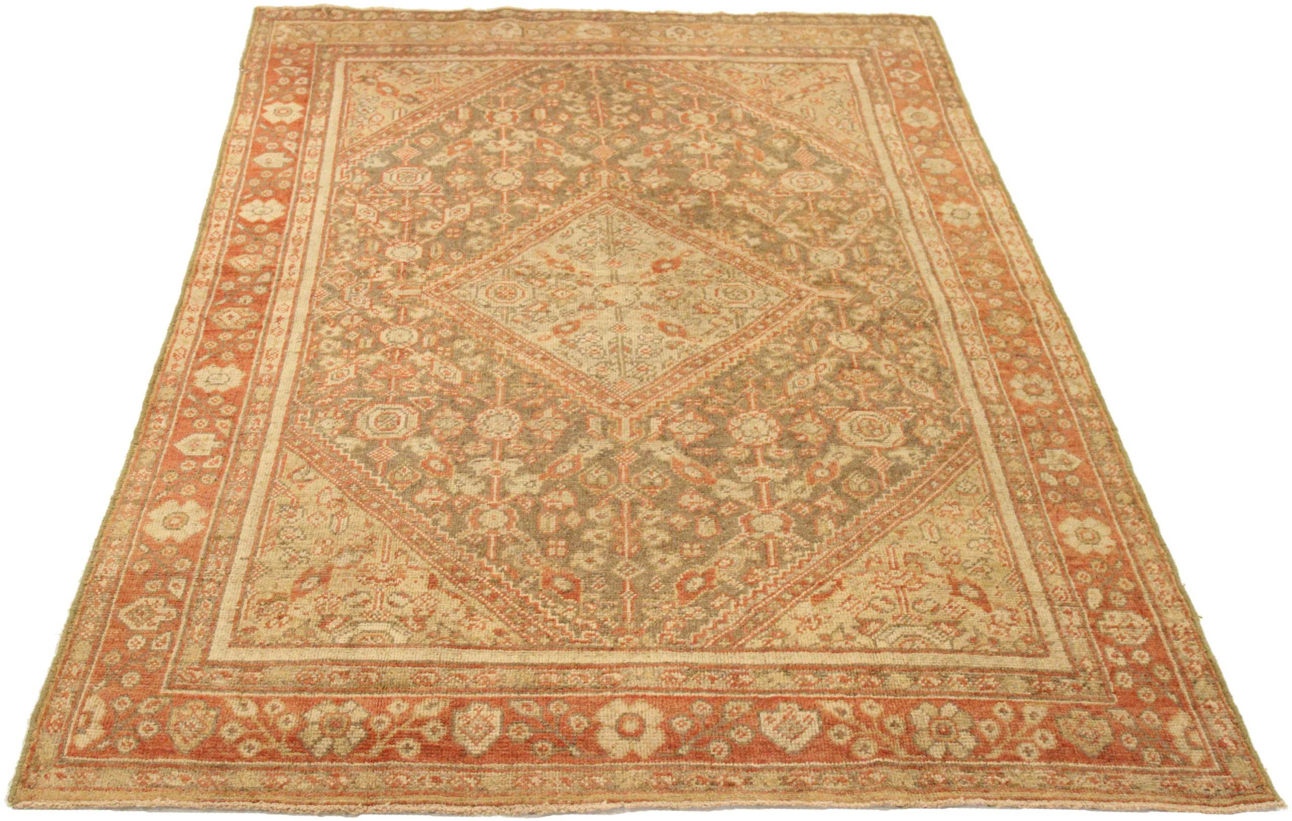 Entdecken Sie die Eleganz des persischen Meshkabad mit kleinem Teppich von CIRCA 1880. Dieses exklusive Design aus Wolle und Braun-Elfenbein-Rot ist perfekt, um Ihren Raum zu verschönern.