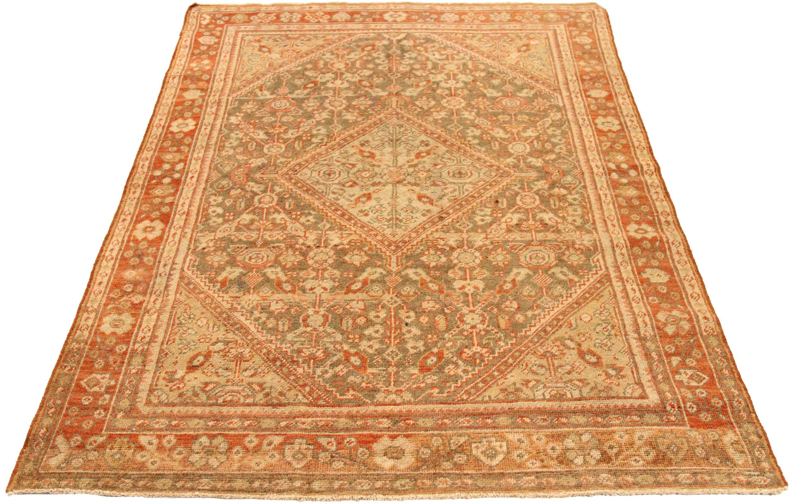 Entdecken Sie die Eleganz des persischen Meshkabad mit kleinem Teppich von CIRCA 1880. Dieses exklusive Design aus Wolle und Braun-Elfenbein-Rot ist perfekt, um Ihren Raum zu verschönern.