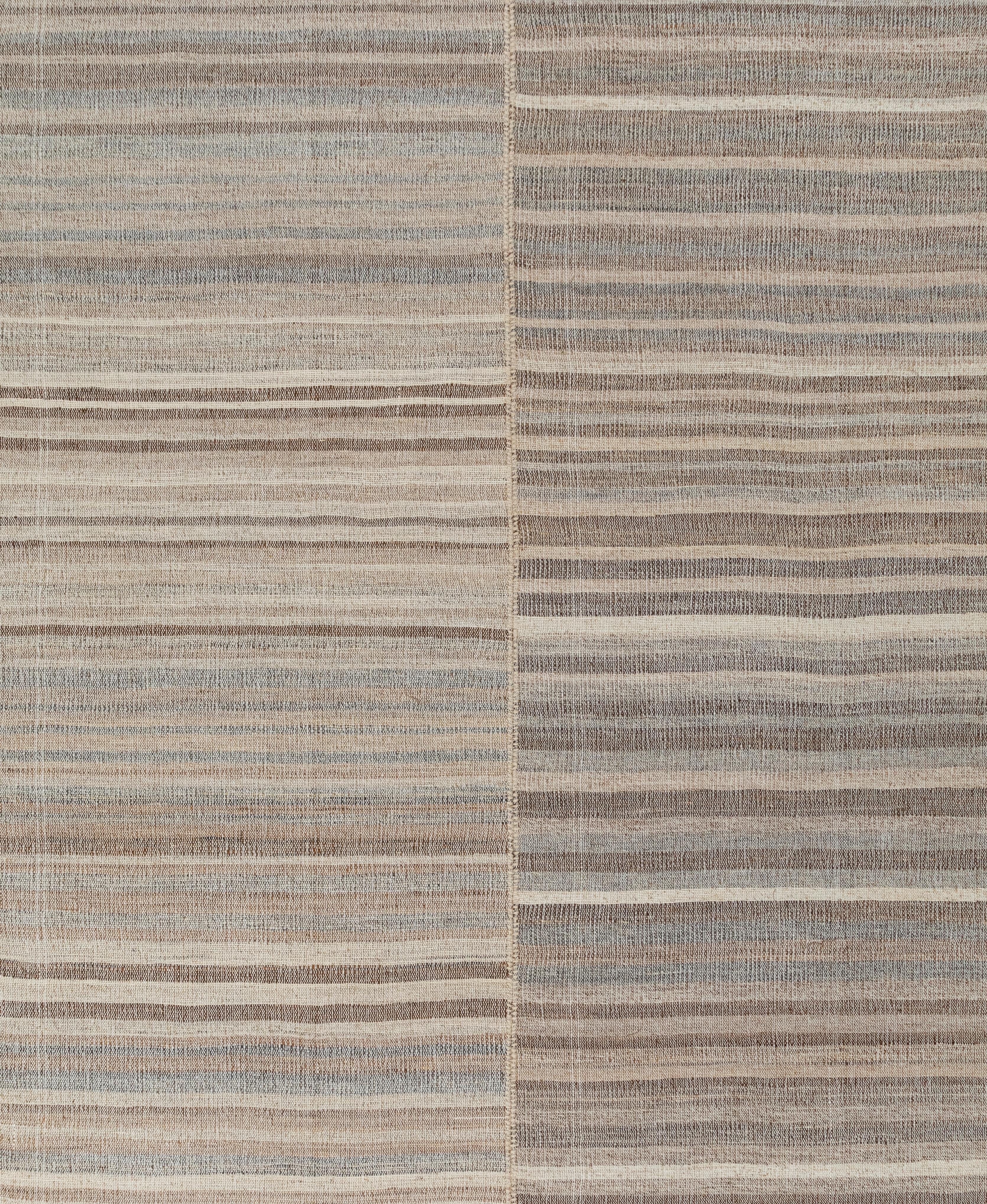Persian Minimalist Flat Weave Rug – Neutral Stripes, Hand-Spun, Vegetable Dye For Sale 4