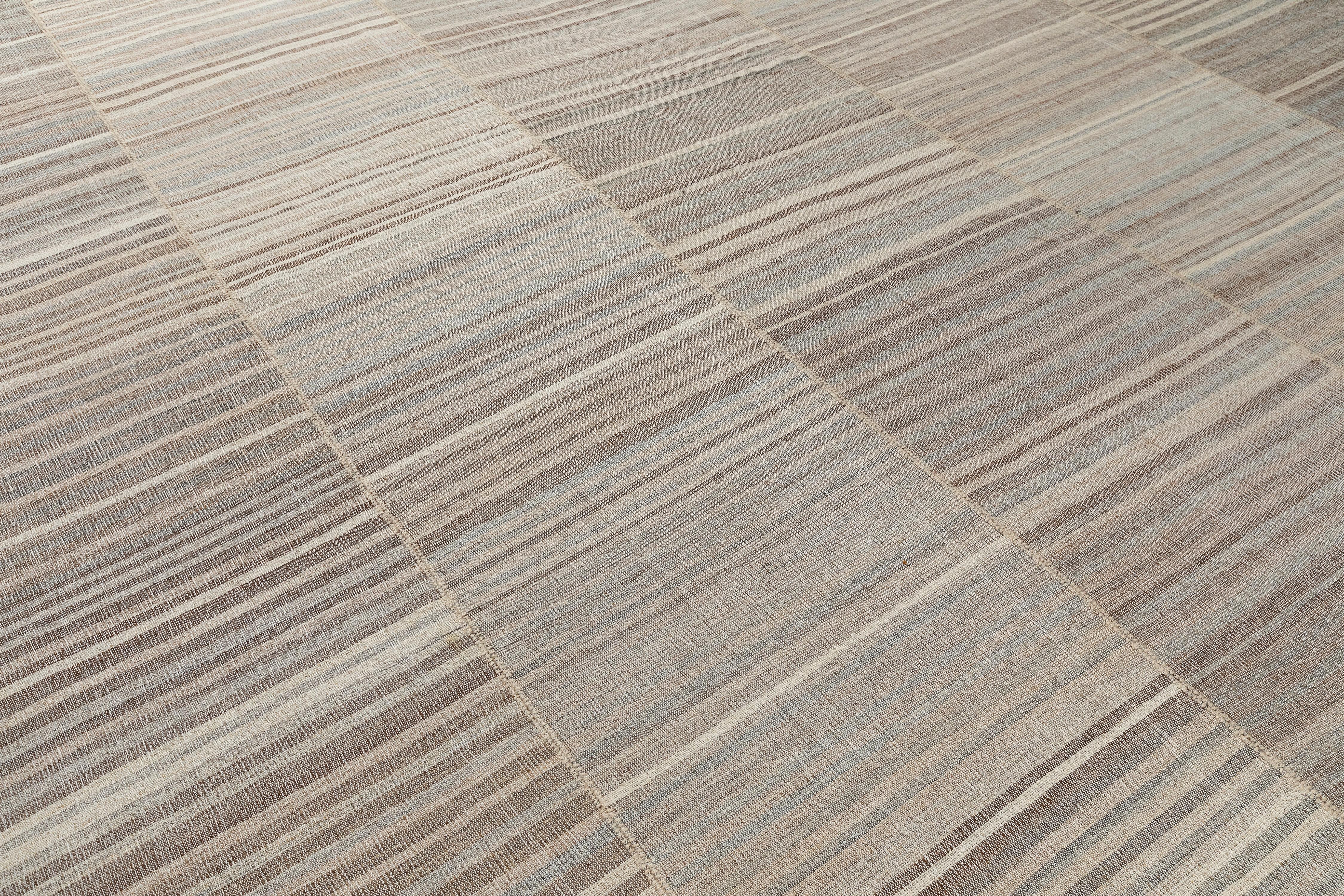 Organic Modern Persian Minimalist Flat Weave Rug – Neutral Stripes, Hand-Spun, Vegetable Dye For Sale