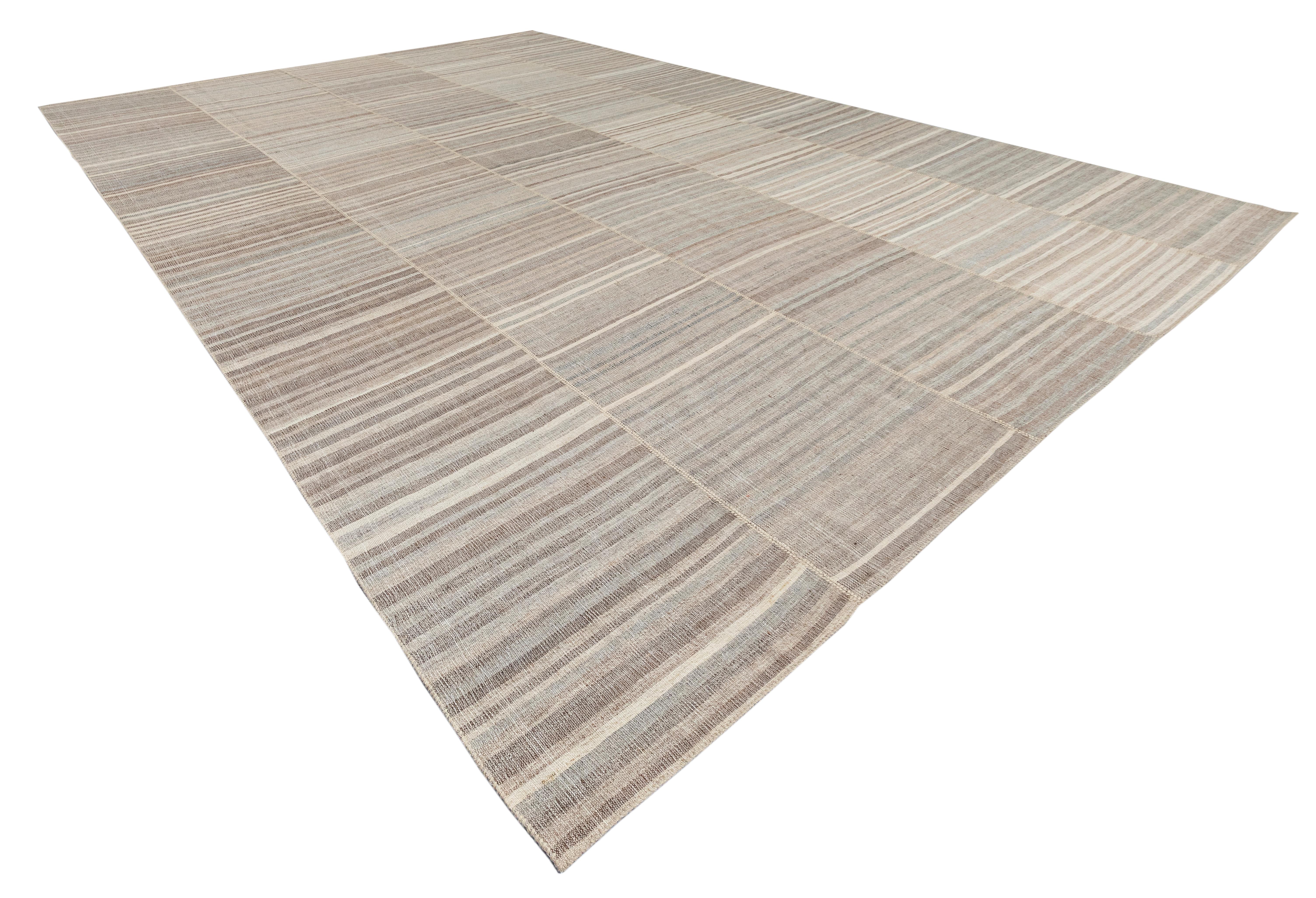 Hand-Woven Persian Minimalist Flat Weave Rug – Neutral Stripes, Hand-Spun, Vegetable Dye For Sale
