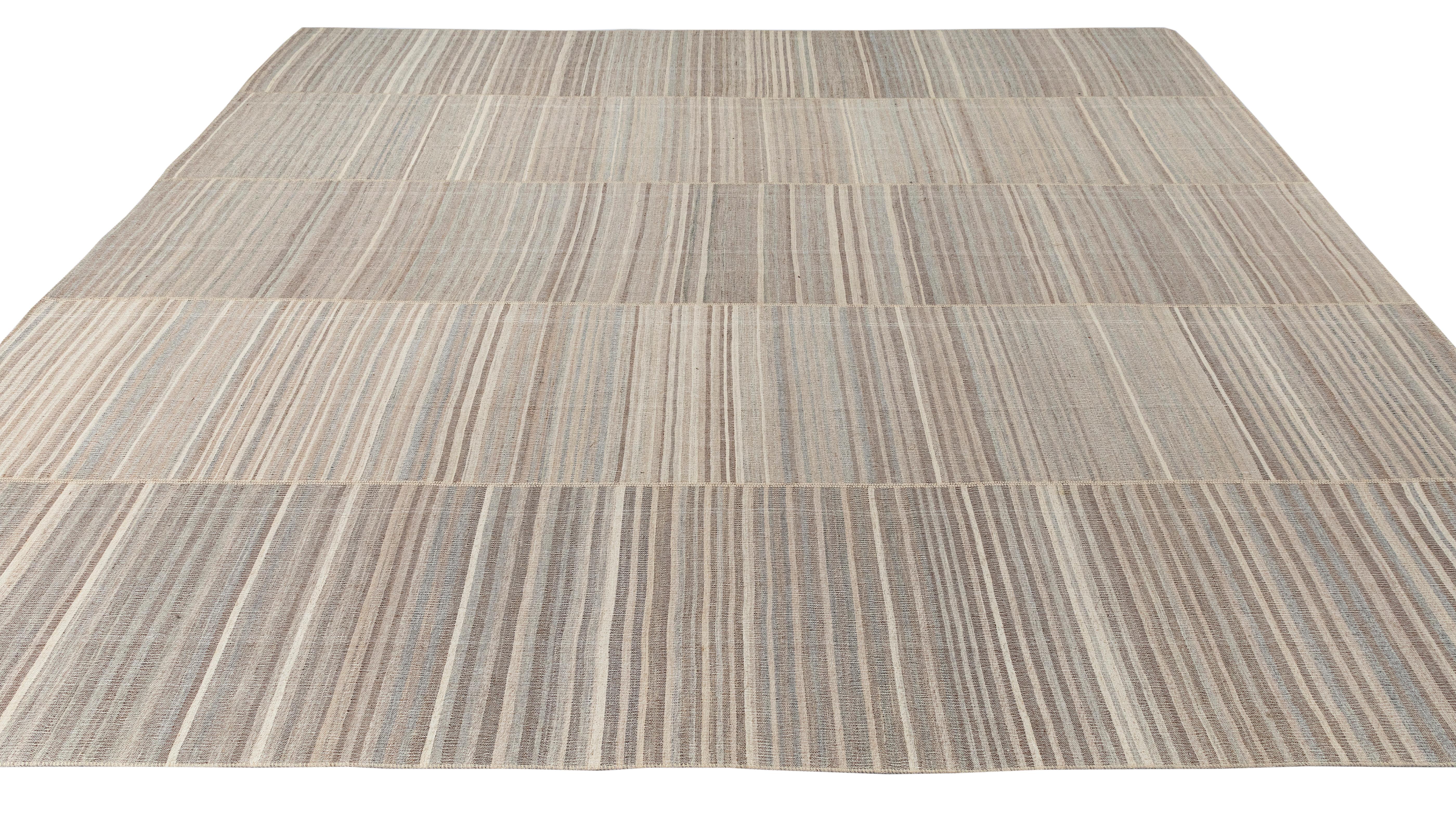 Contemporary Persian Minimalist Flat Weave Rug – Neutral Stripes, Hand-Spun, Vegetable Dye For Sale