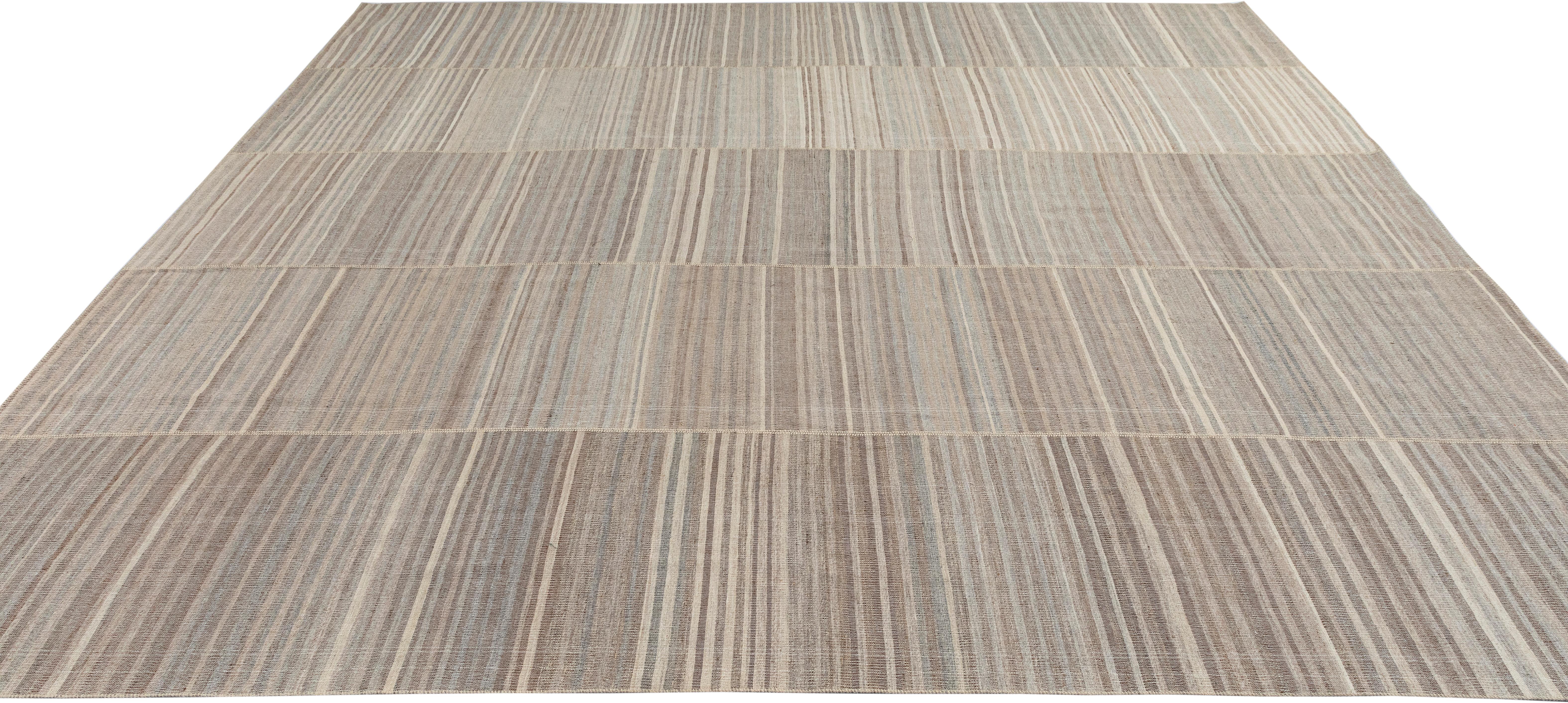 Wool Persian Minimalist Flat Weave Rug – Neutral Stripes, Hand-Spun, Vegetable Dye For Sale