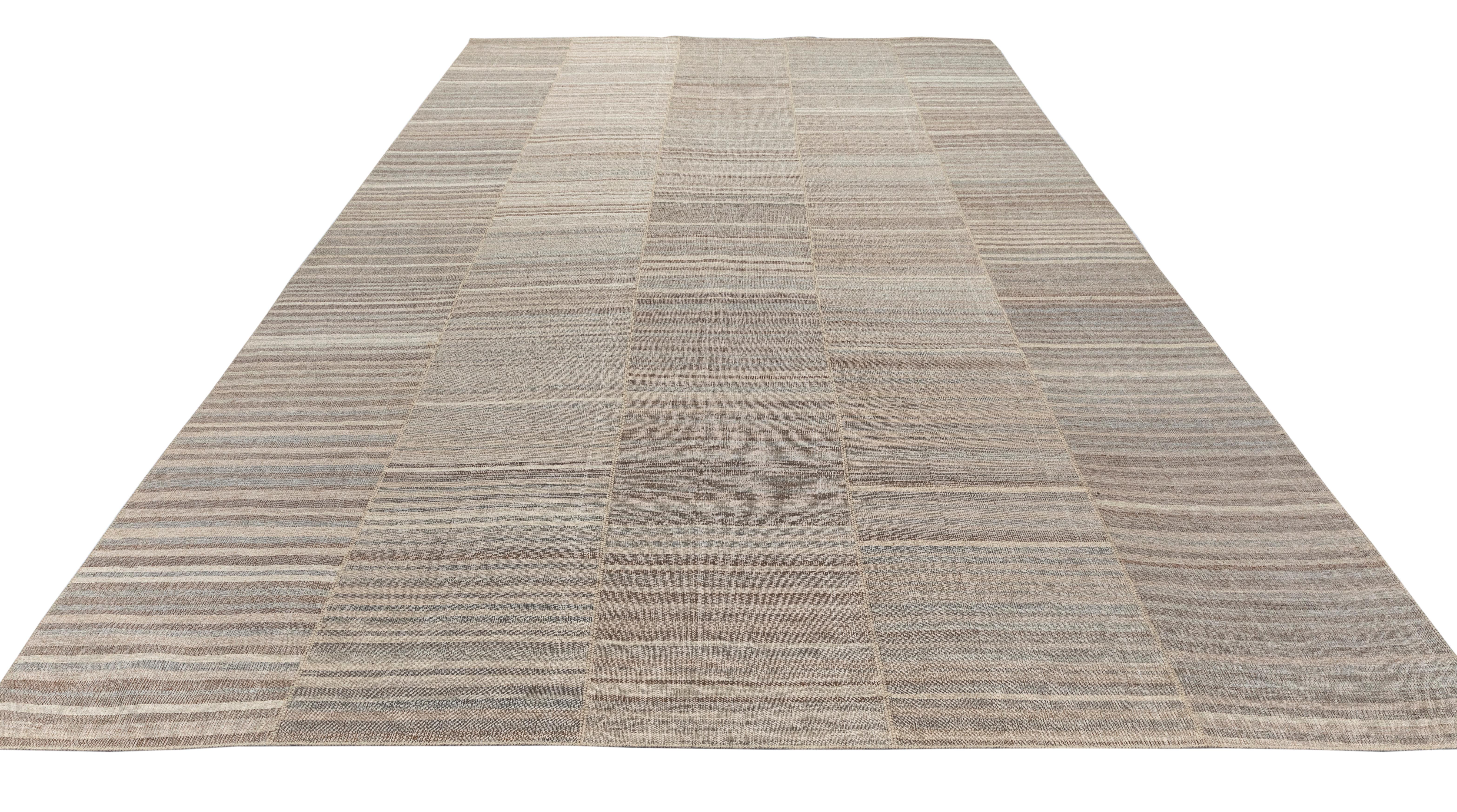Persian Minimalist Flat Weave Rug – Neutral Stripes, Hand-Spun, Vegetable Dye For Sale 1