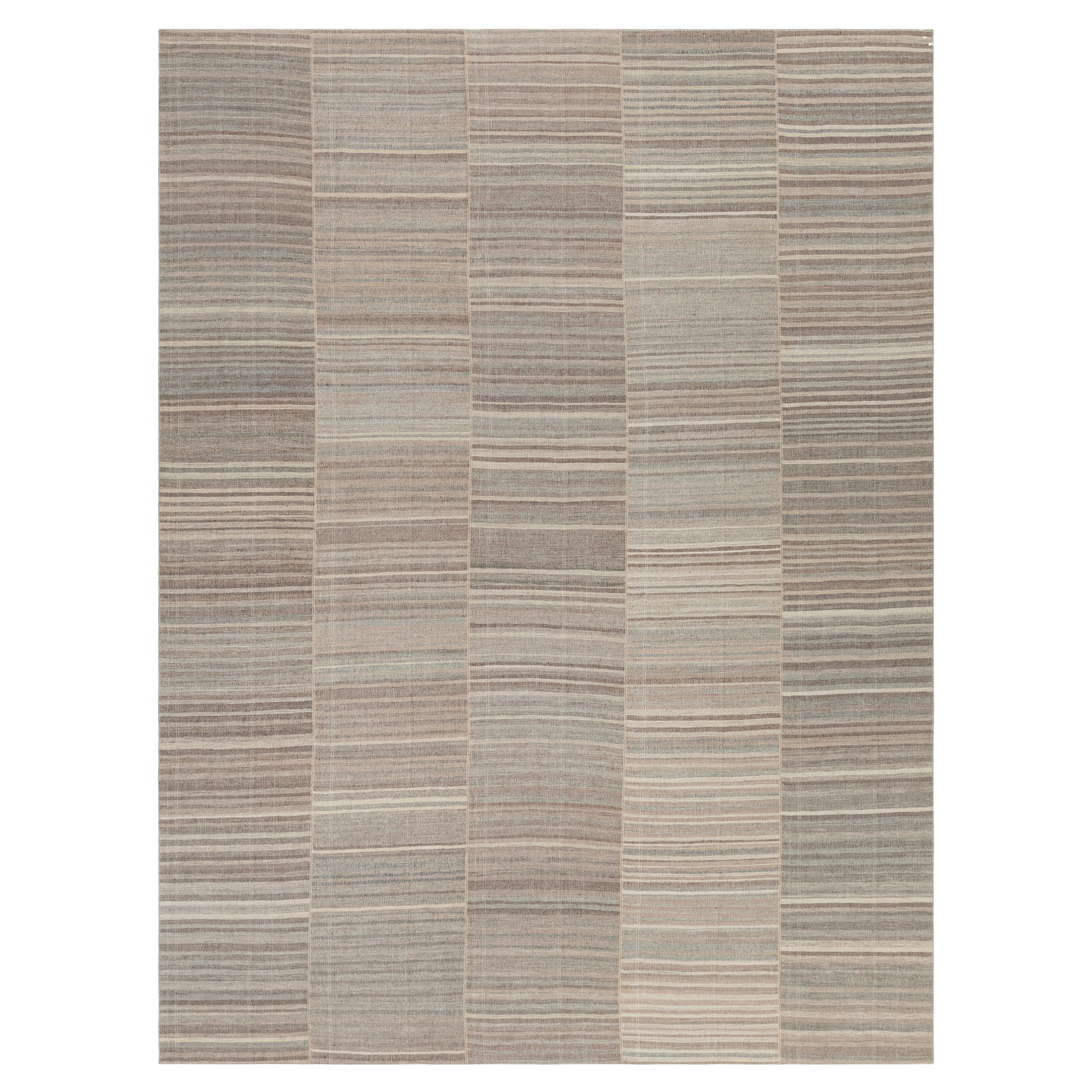 Persian Minimalist Flat Weave Rug – Neutral Stripes, Hand-Spun, Vegetable Dye