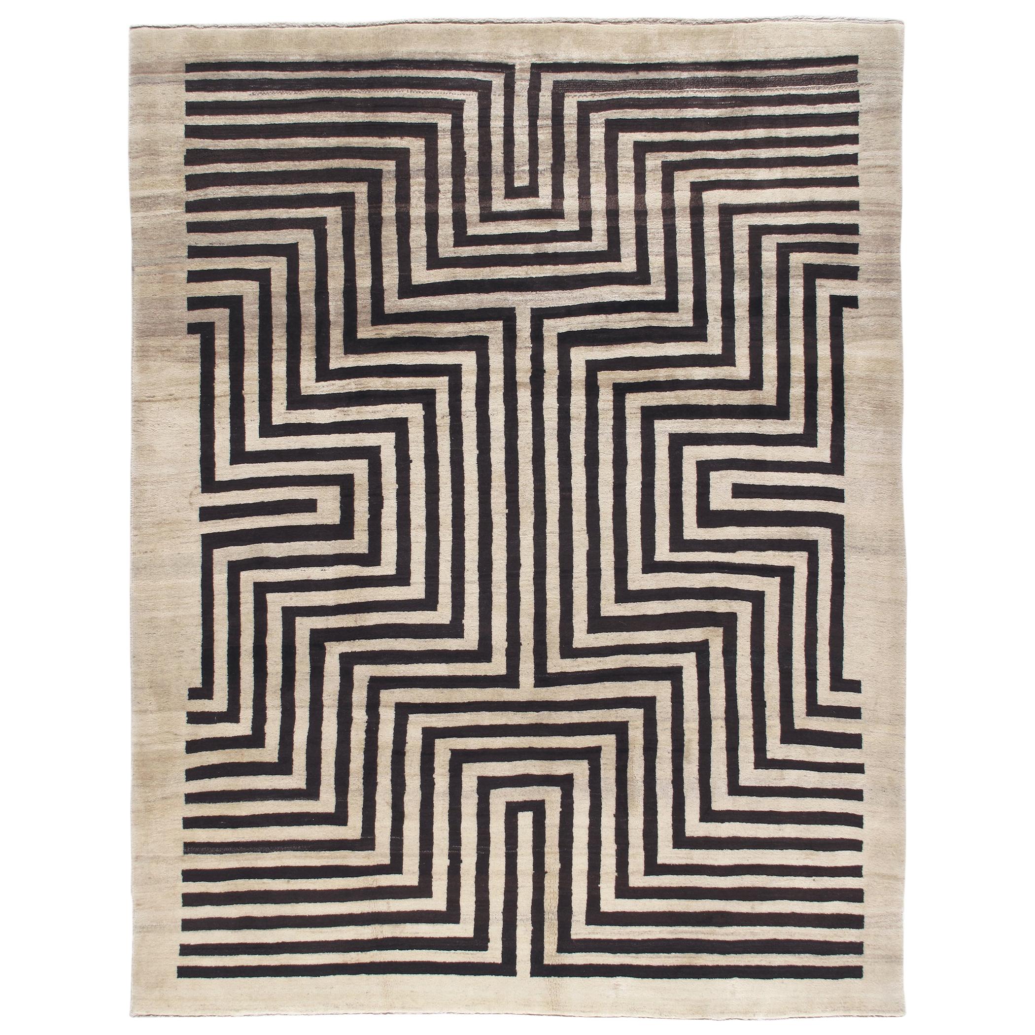  Modern Persian Shiraz Hand Knotted Rug in Black and Ivory Pattern