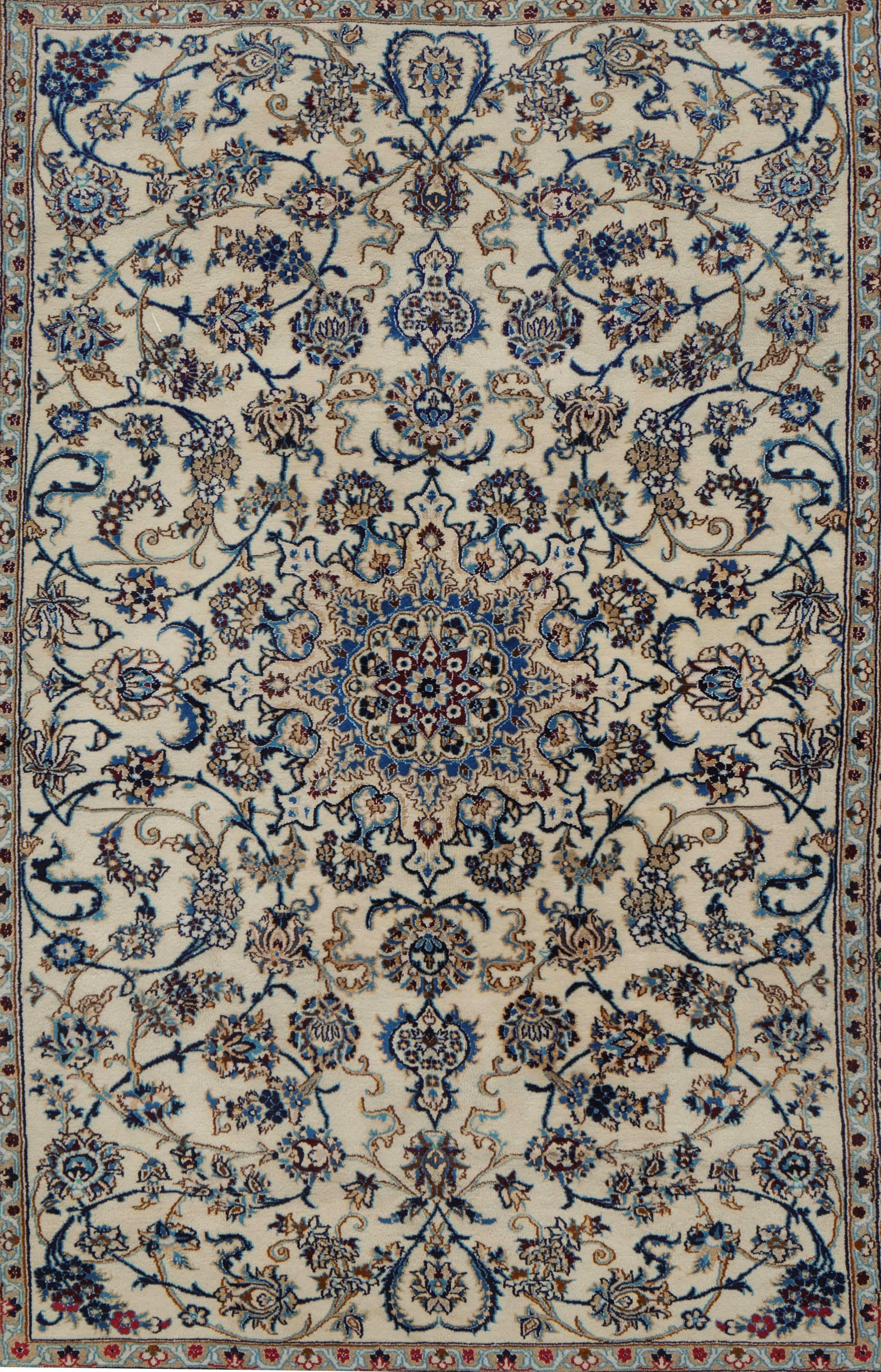 This is a large, gorgeous and authentic Persian Nain carpet in wool with finishes in silk.
Origin: Nain, Iran
Design: Medallion & Corner
Weaving type: Hand-knotted
Size: 290 x 190cm c. 9.5 by 6.2 feet
Natural: Wool/silk and organic dyes
Foundation: