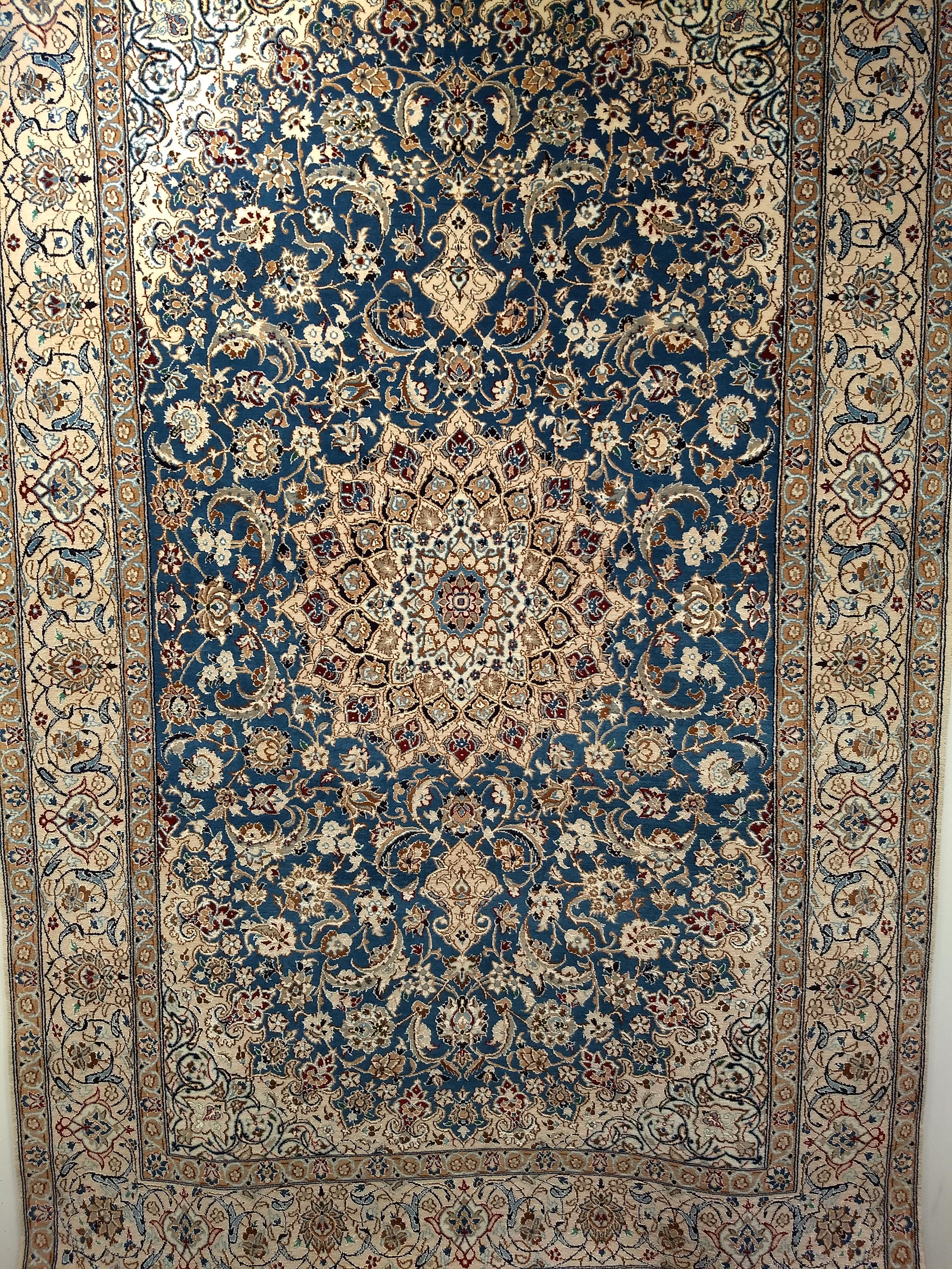 Hand-Knotted Vintage Persian Nain in Floral Pattern with Silk in French Blue, Cream, Caramel For Sale