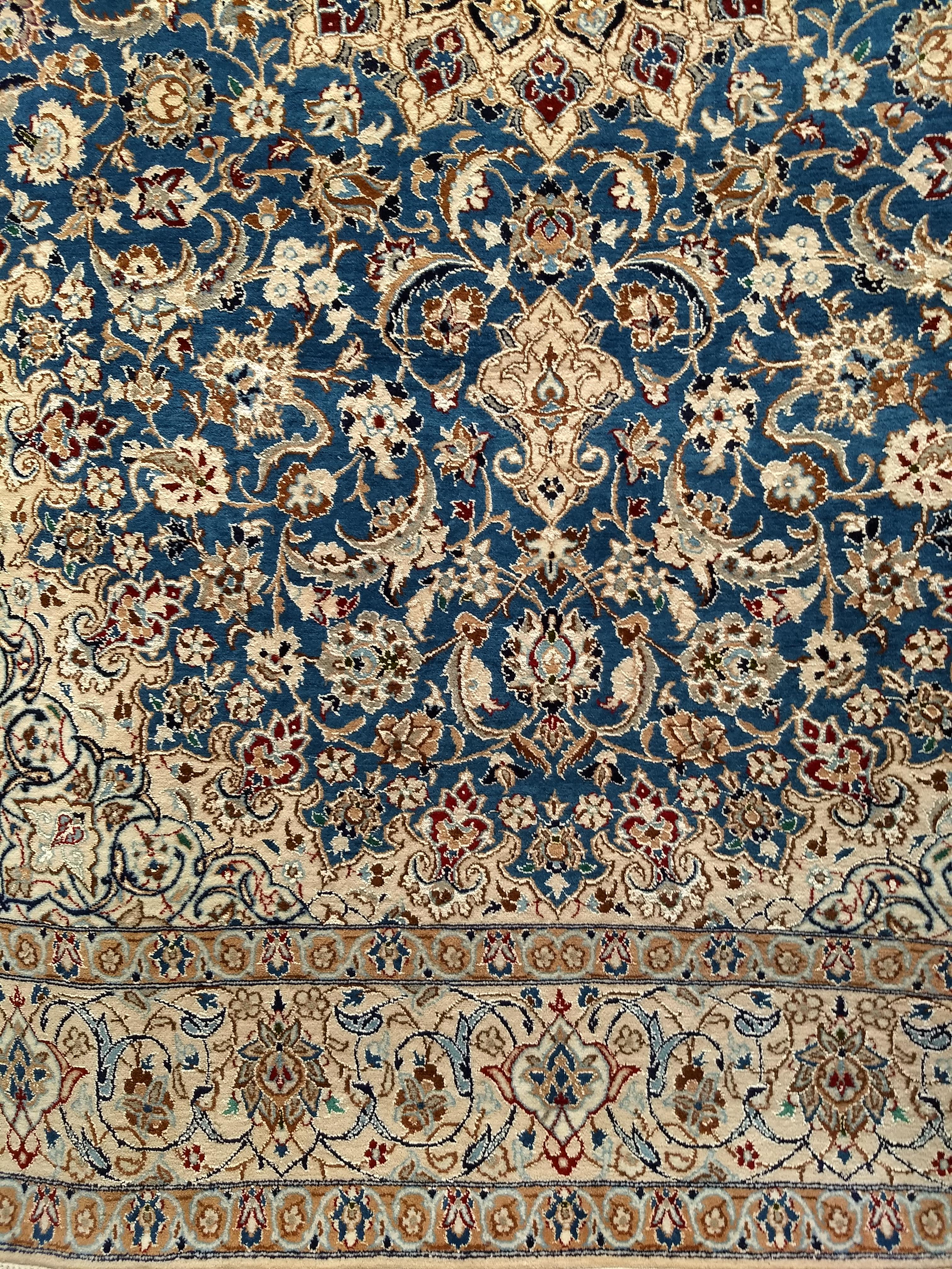 Wool Vintage Persian Nain in Floral Pattern with Silk in French Blue, Cream, Caramel For Sale