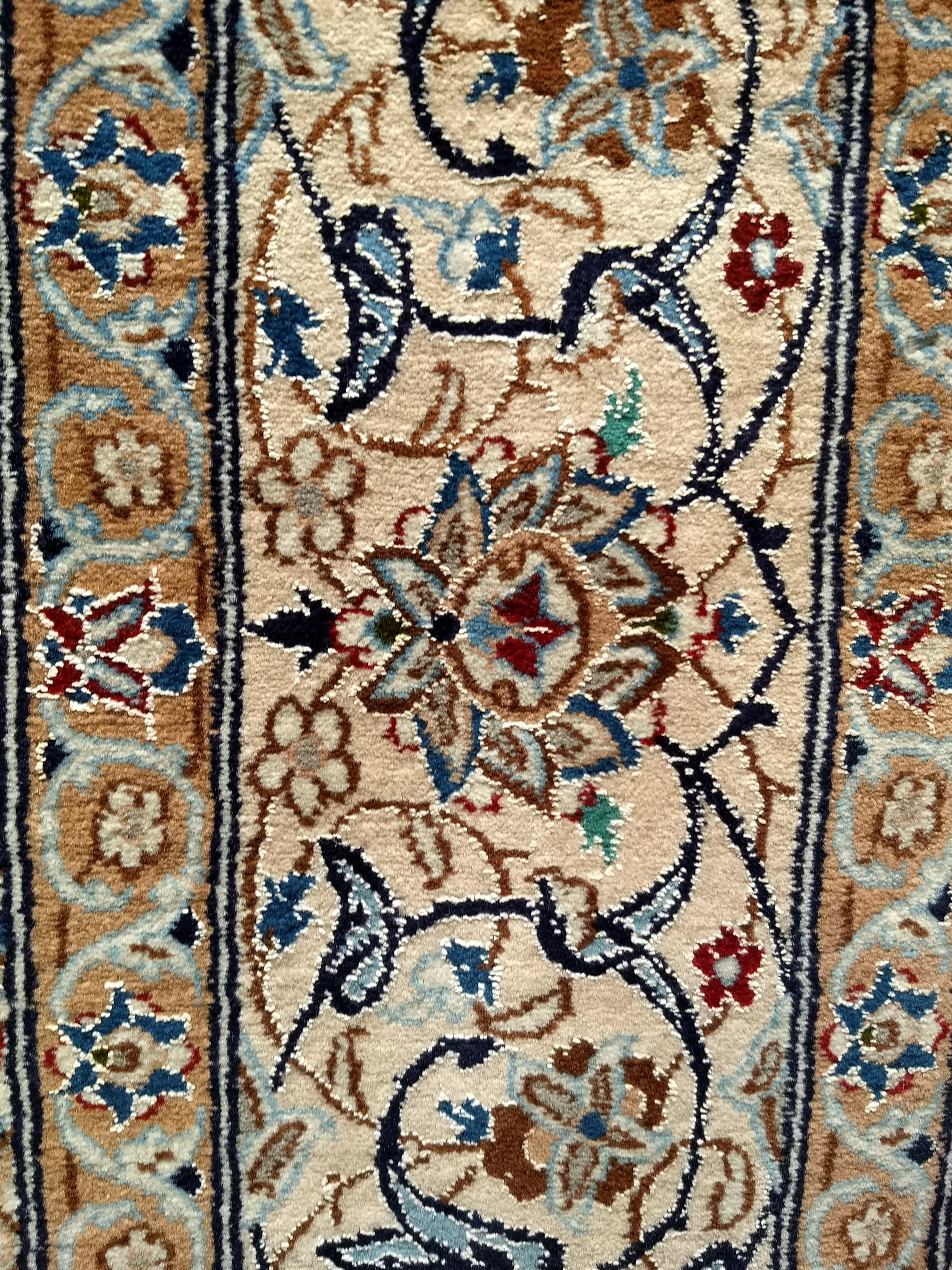 Vintage Persian Nain in Floral Pattern with Silk in French Blue, Cream, Caramel For Sale 3