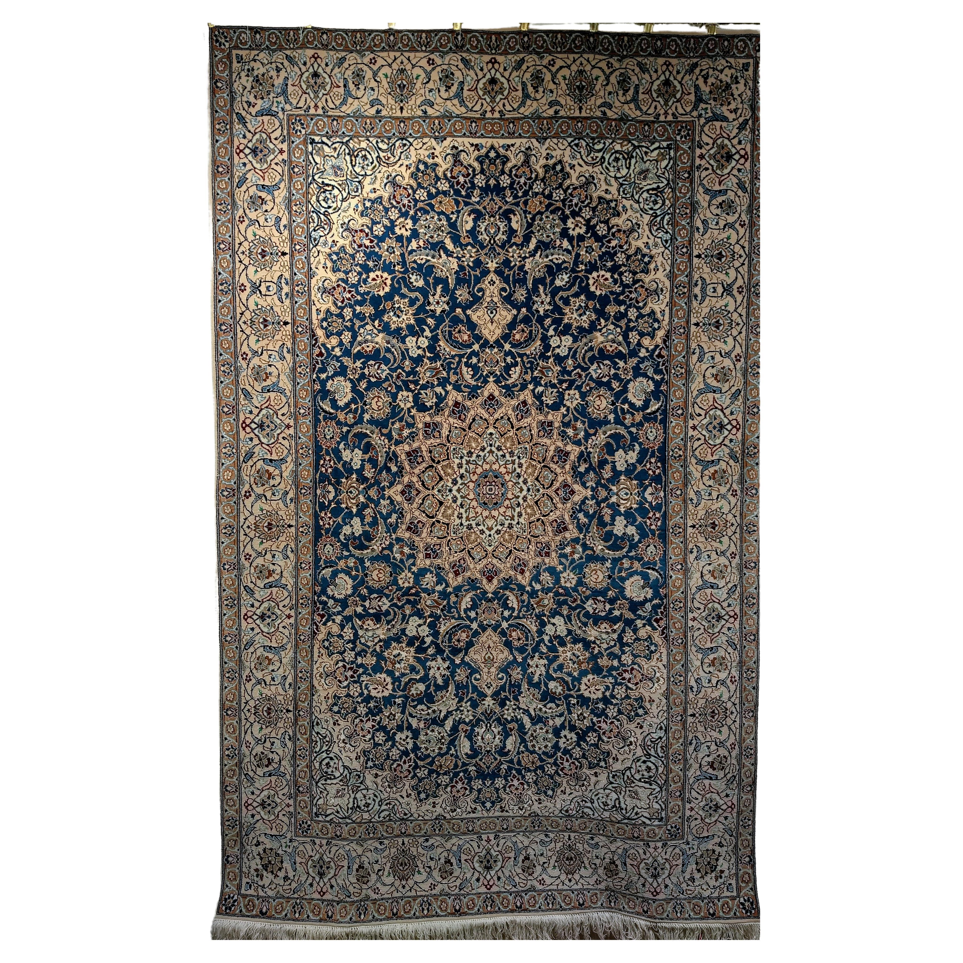 Vintage Persian Nain in Floral Pattern with Silk in French Blue, Cream, Caramel