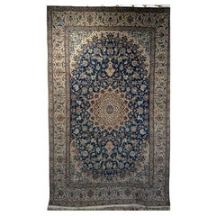 Retro Persian Nain in Floral Pattern with Silk in French Blue, Cream, Caramel