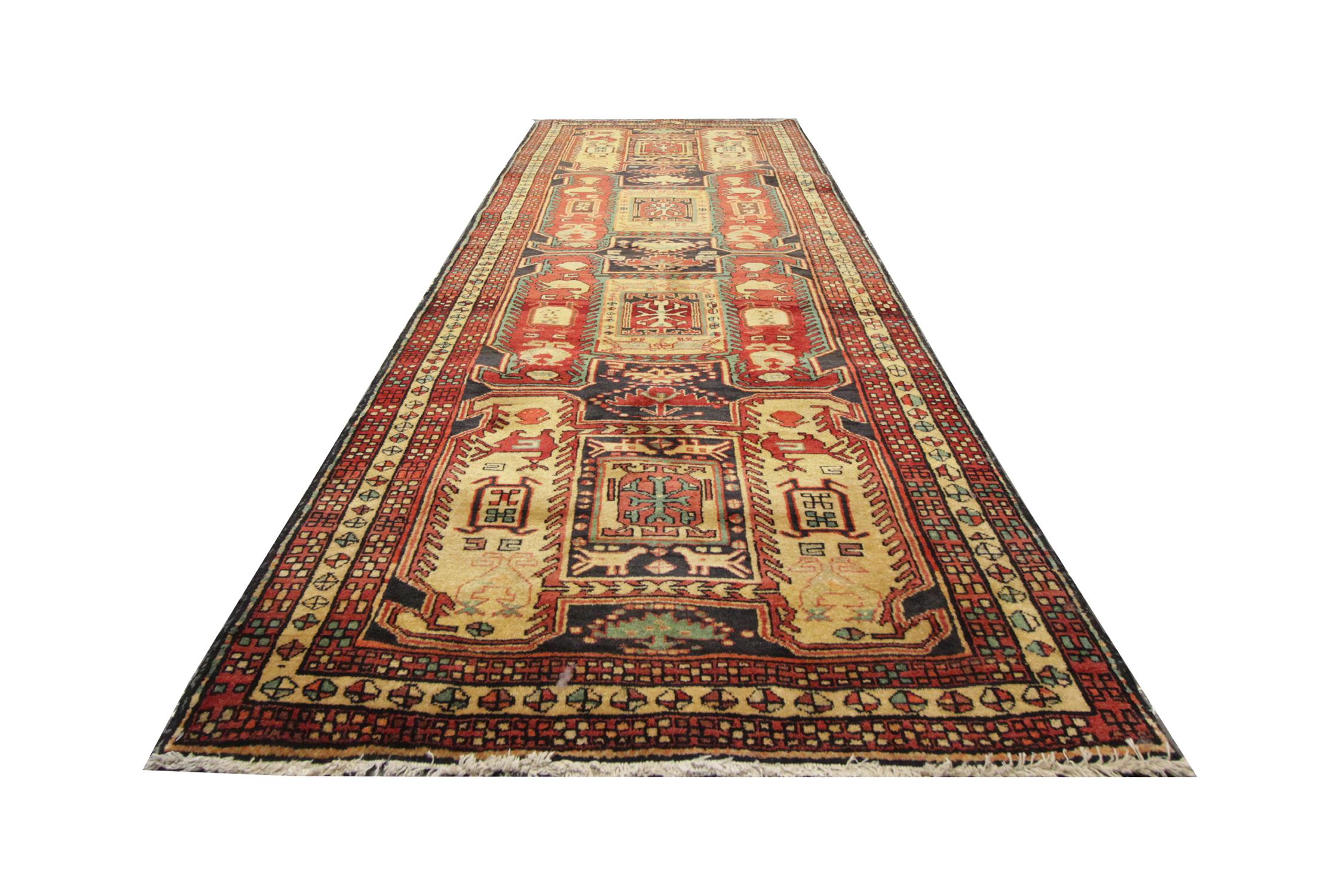 This genuinely unique runner rug was crafted by Azeri people, designed and handwoven with history and design in mind. This rug draws ideas from historical artefacts; for example, the handwoven birds on the carpet are from ancient hieroglyphics and