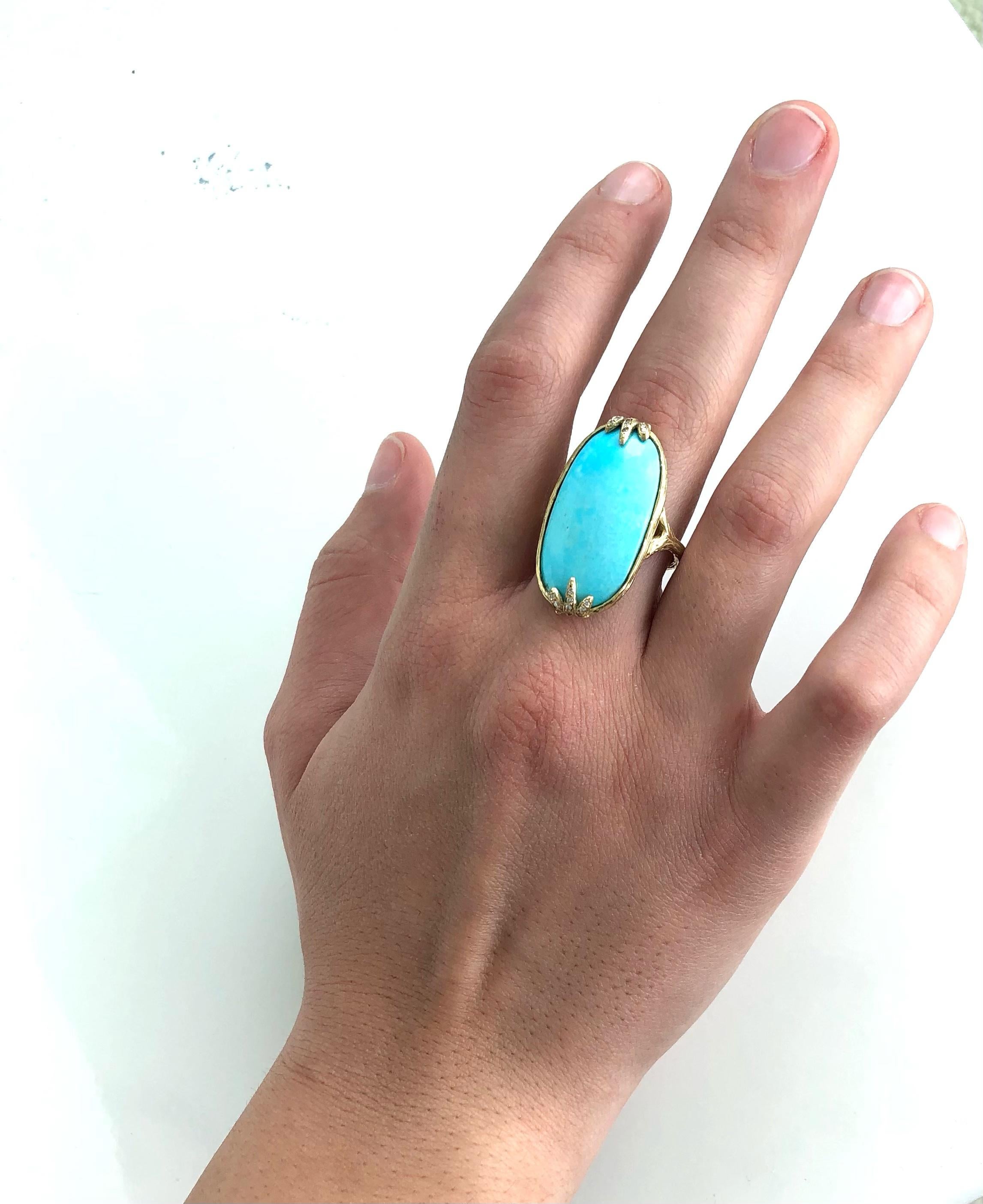 Smooth sky blue Persian Turquoise is the inspiration for this creation. The stone is juxtaposed by the twig textured gold and hints of diamond sparkle. This ring transitions easily from day to night!

GSRPTqDia — oval Persian Turquoise diamond