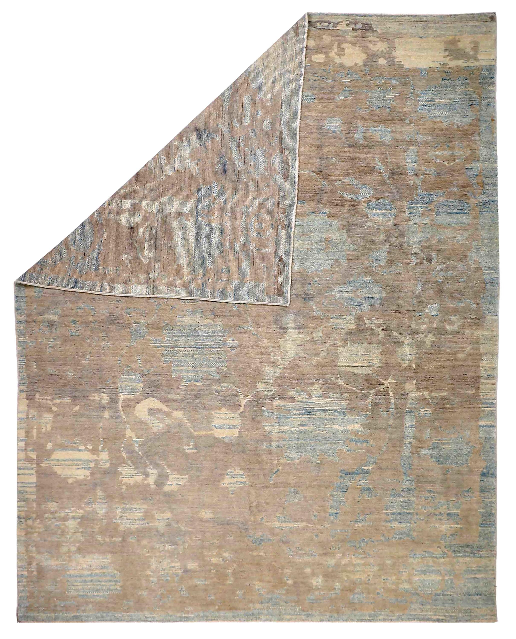 Asian Persian Oushak Area Rugs Circa 1990 - Wool Blue Brown Ivory Design - 89026 For Sale
