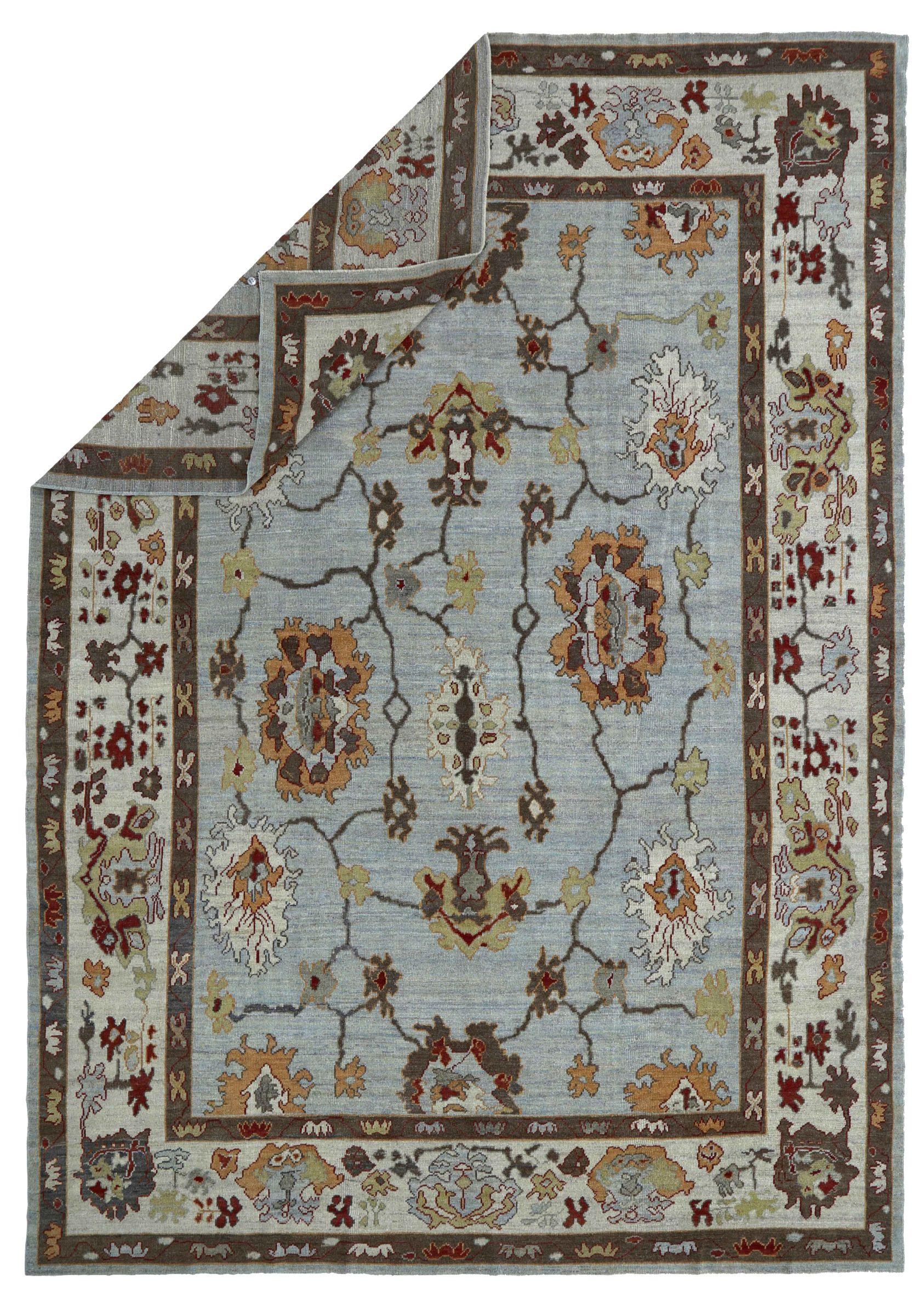 Asiatico Tappeti persiani Oushak Circa 1990 - Lana Blu Marrone Avorio Design - 89050 in vendita