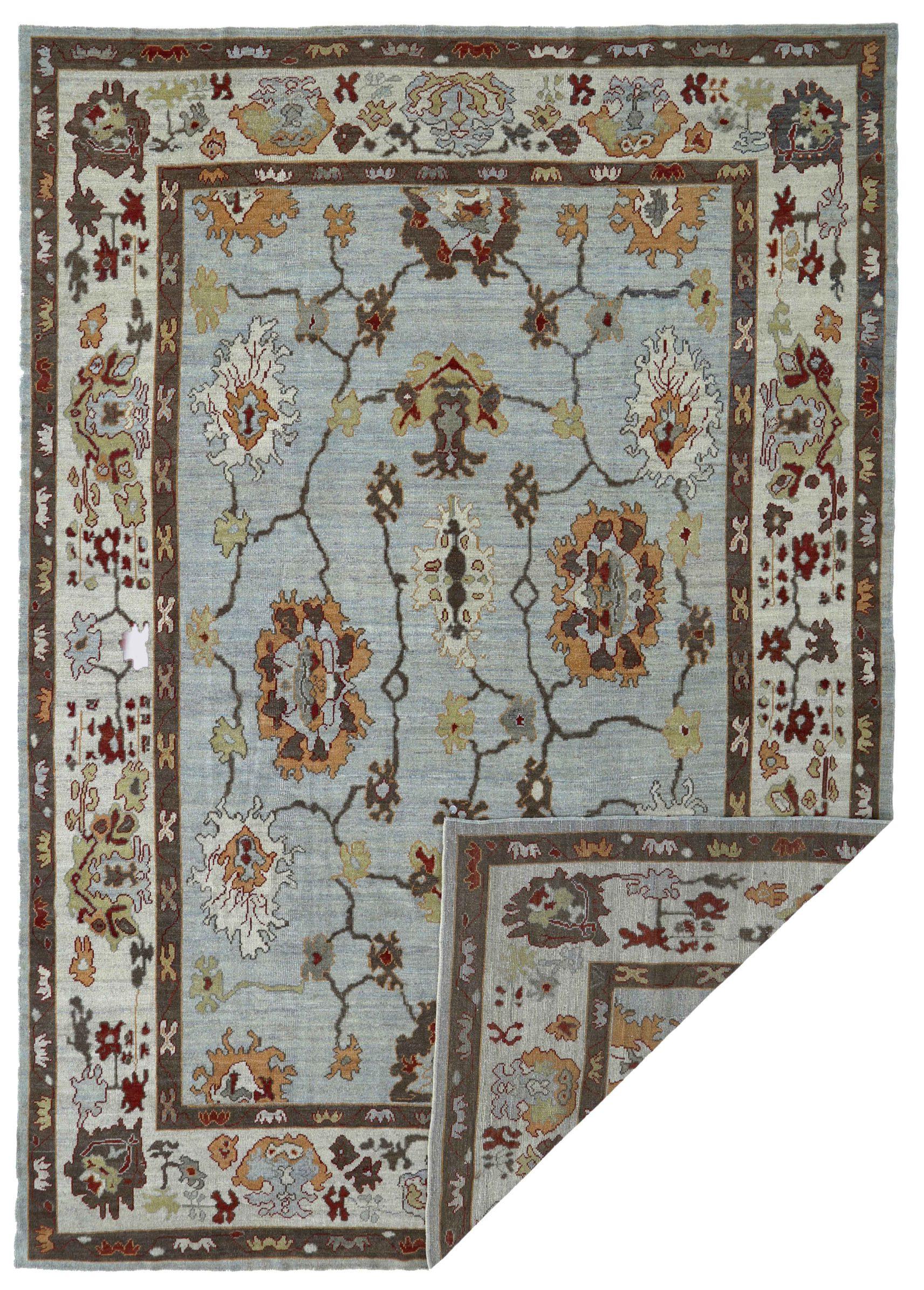 Tappeti persiani Oushak Circa 1990 - Lana Blu Marrone Avorio Design - 89050 In condizioni ottime in vendita a Dallas, TX