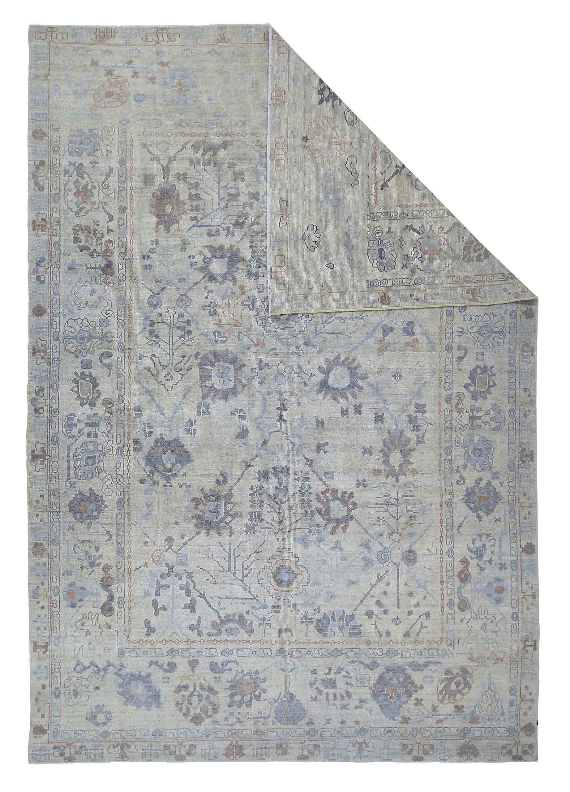 Persische Oushak-Teppiche Circa 1990 - Wolle Blau Grau Elfenbein Design - 89004 (Asiatisch) im Angebot