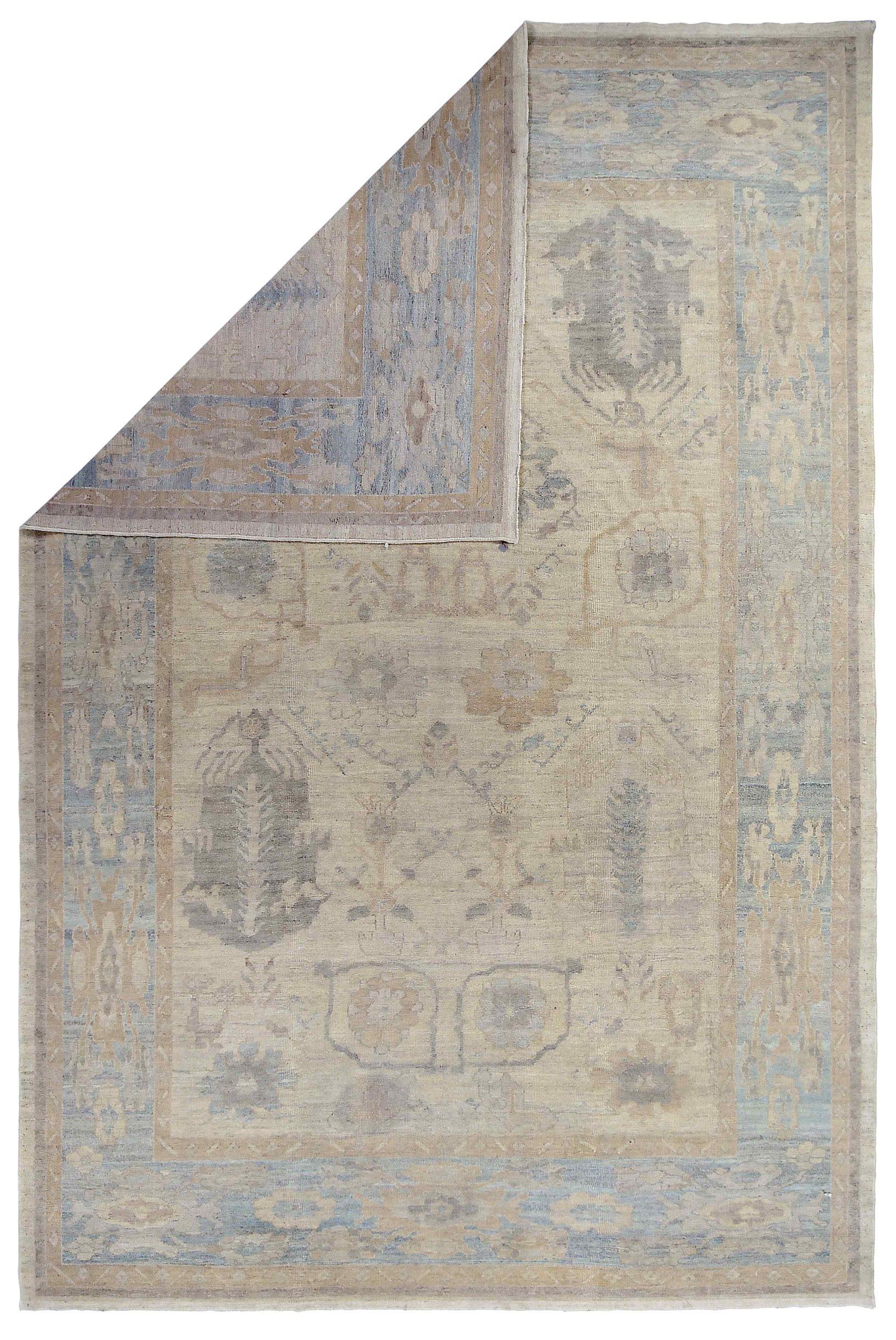 Persische Oushak-Teppiche Circa 1990 - Wolle Blau Elfenbein Design - 88982 (Asiatisch) im Angebot