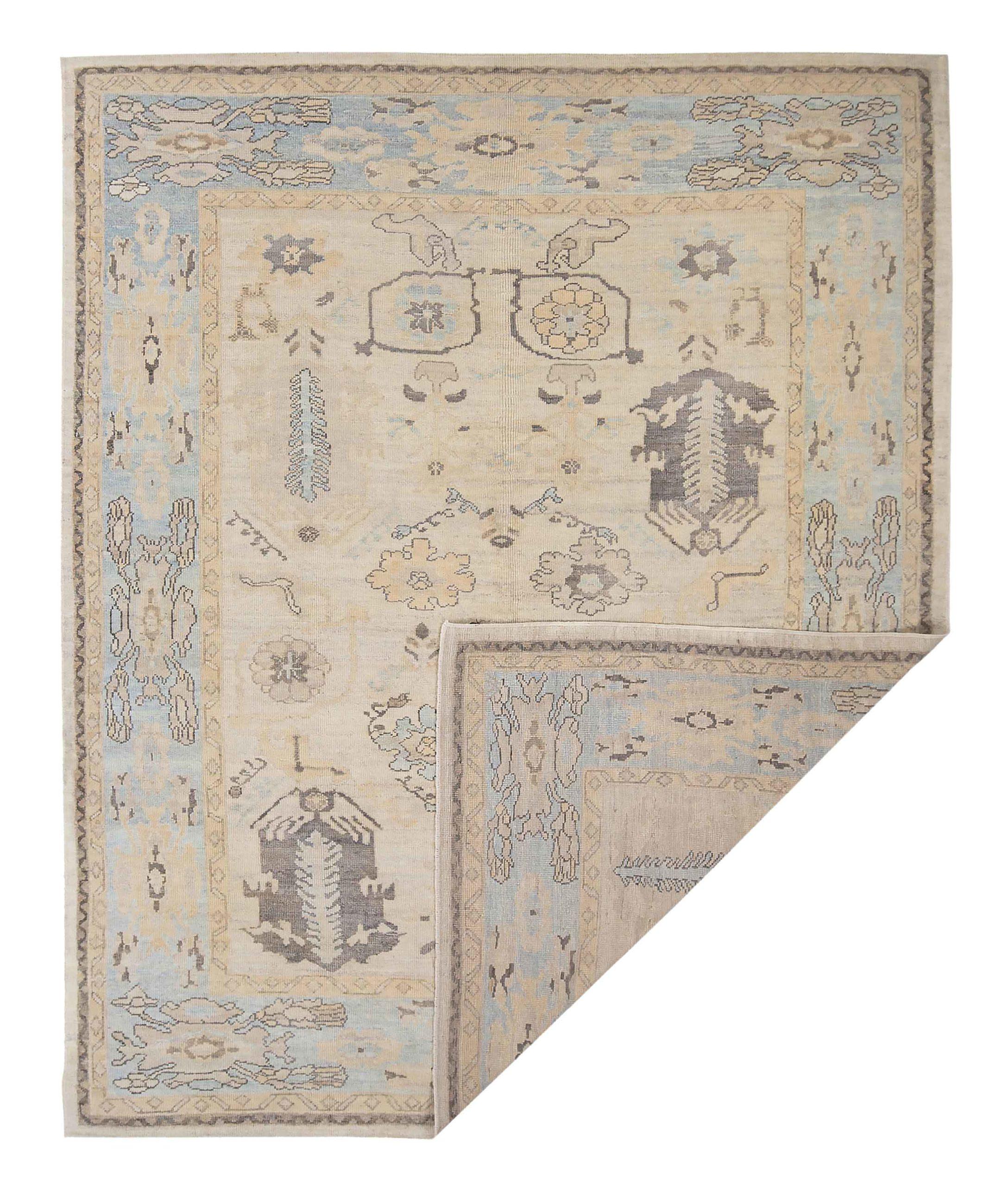 Asian Persian Oushak Area Rugs Circa 1990 - Wool Blue Ivory Design - 89006 For Sale