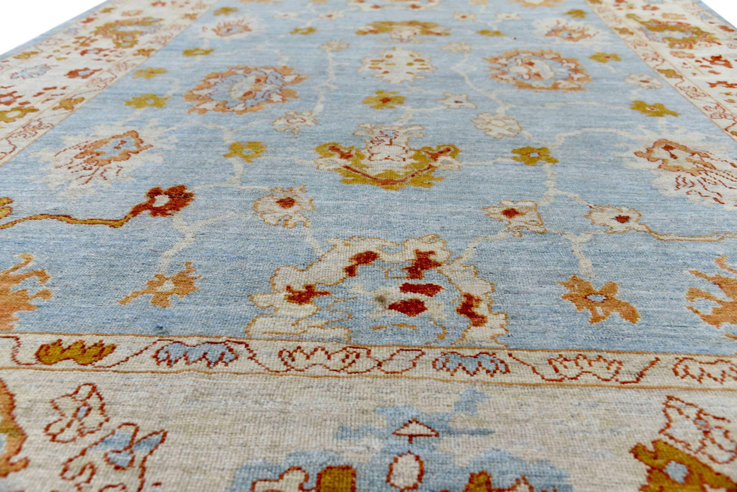 Persische Oushak-Teppiche Circa 1990 - Wolle Blau Elfenbein Design - 89023 (Asiatisch) im Angebot